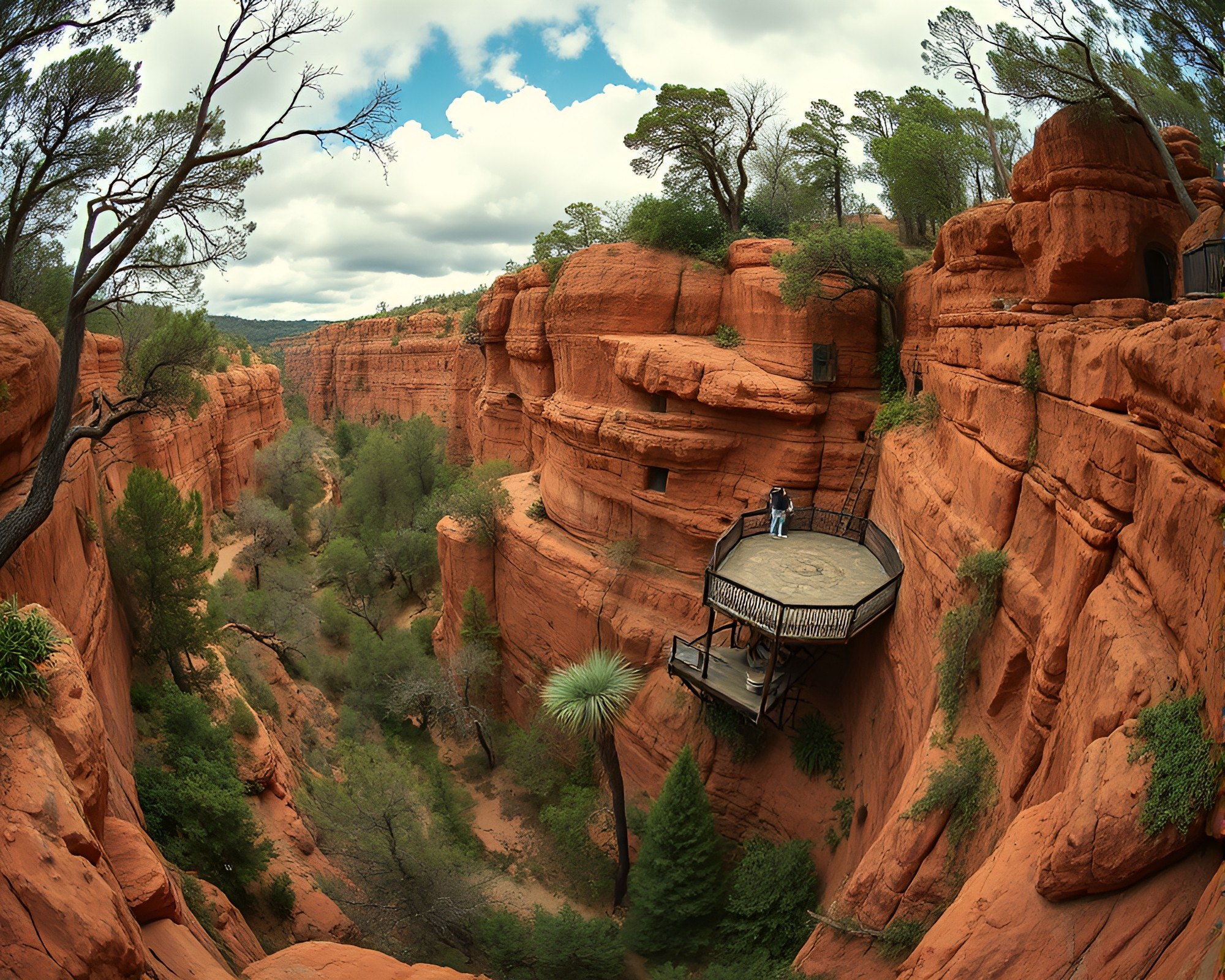 Stereograph View of Canyon Rust Treehouse Oasis – free AI stock image