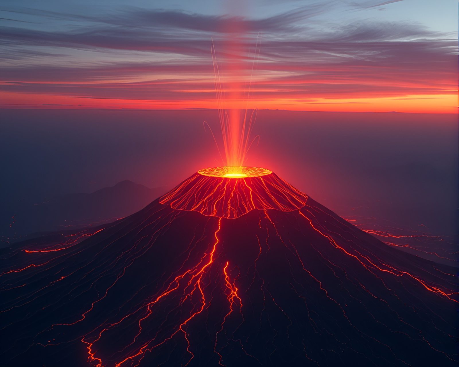 Vibrant neon volcano crater illuminated by golden hour dusk