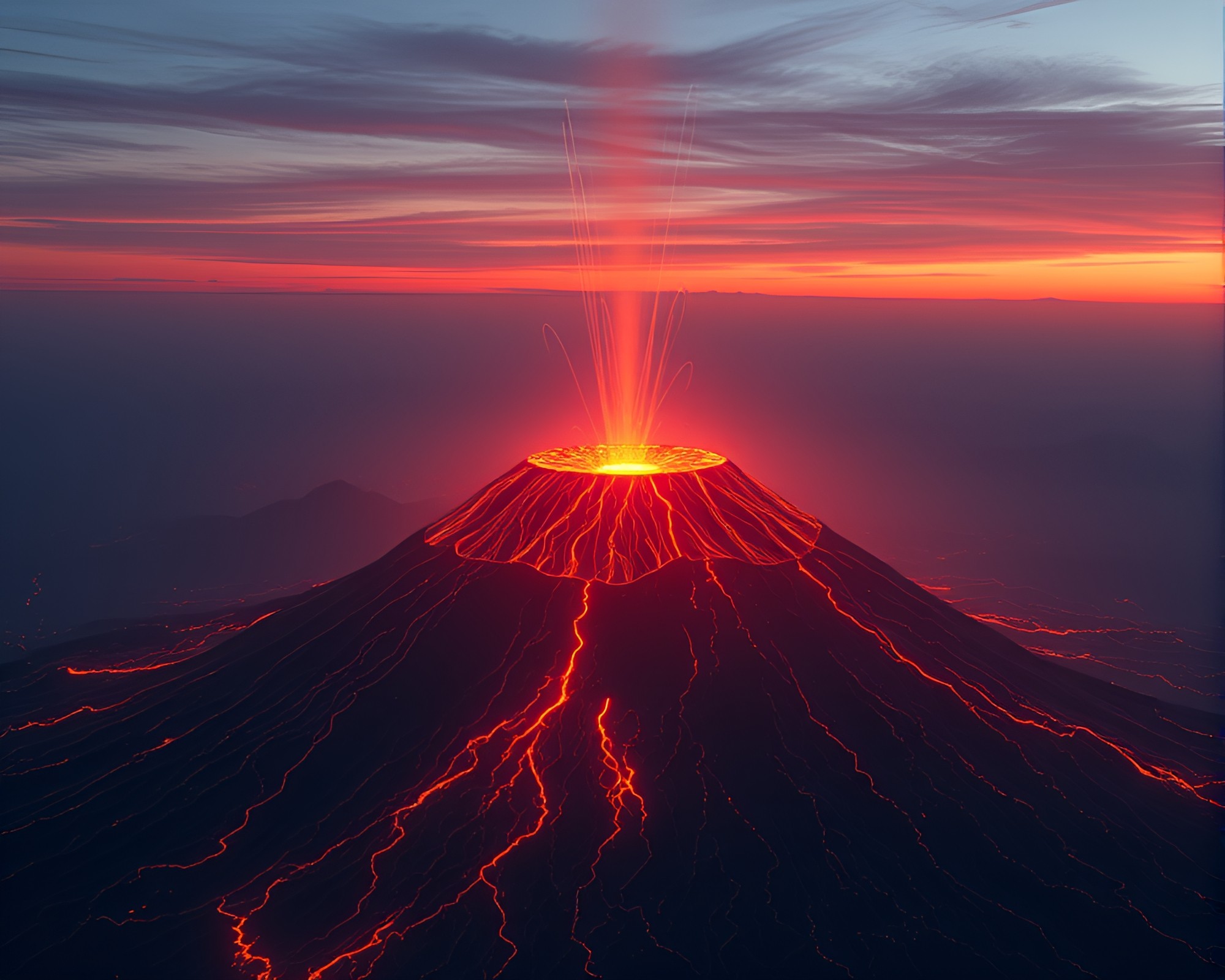 Neon Wireframe Volcano Crater Dusk CGI Render – free AI stock image