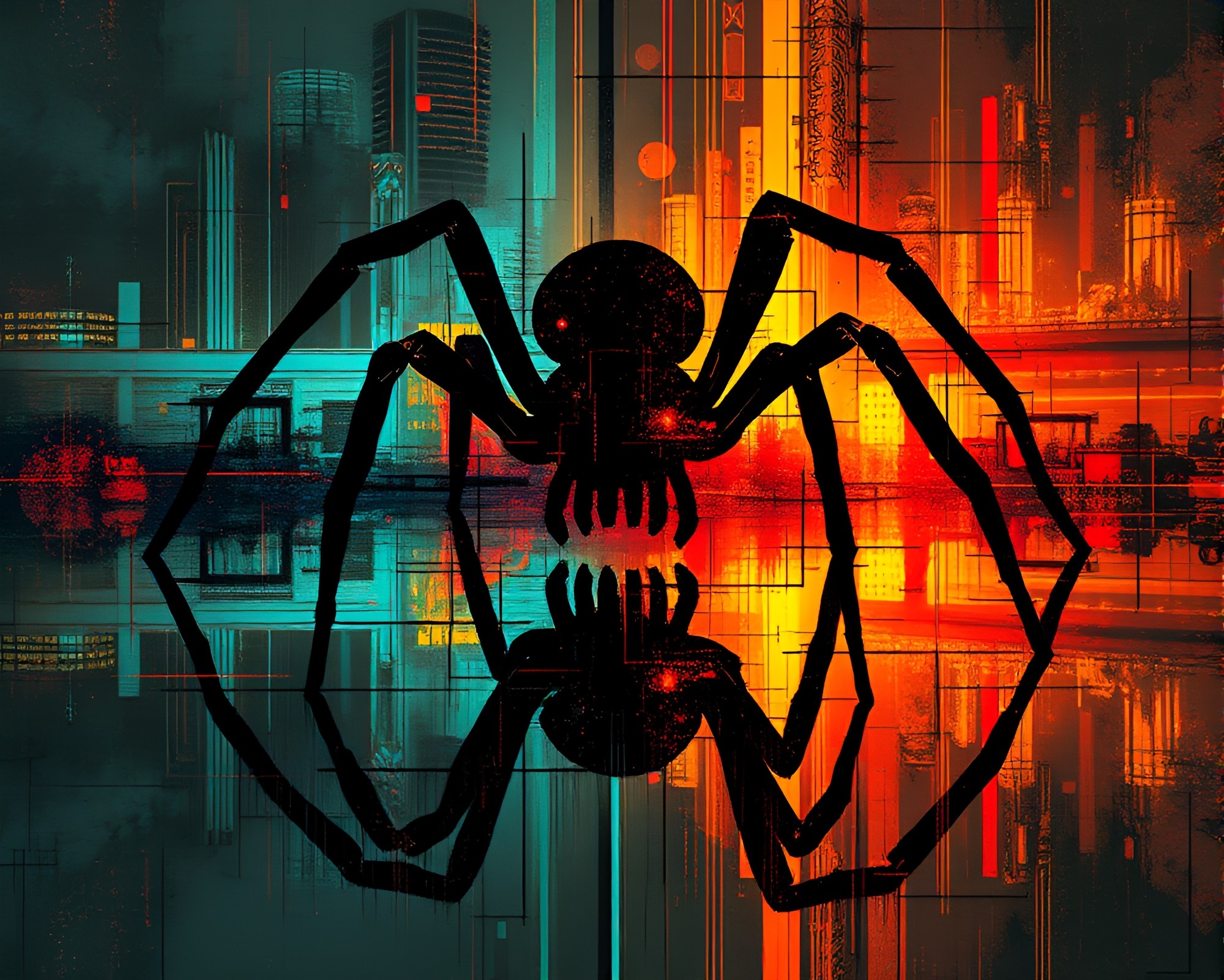 Mechanical Spider Silhouette Reflection with Glitch Colors – free AI stock image