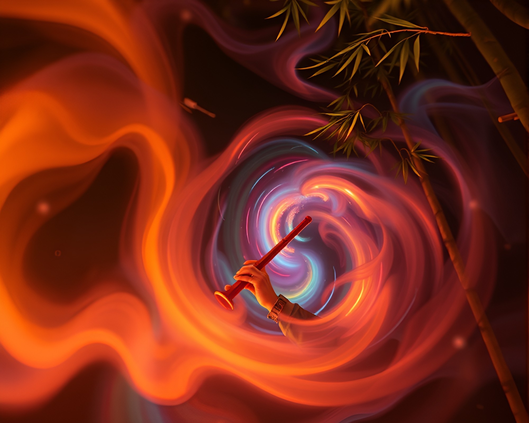 Bamboo Flute Harmony in Electrifying Vortex – free AI stock image