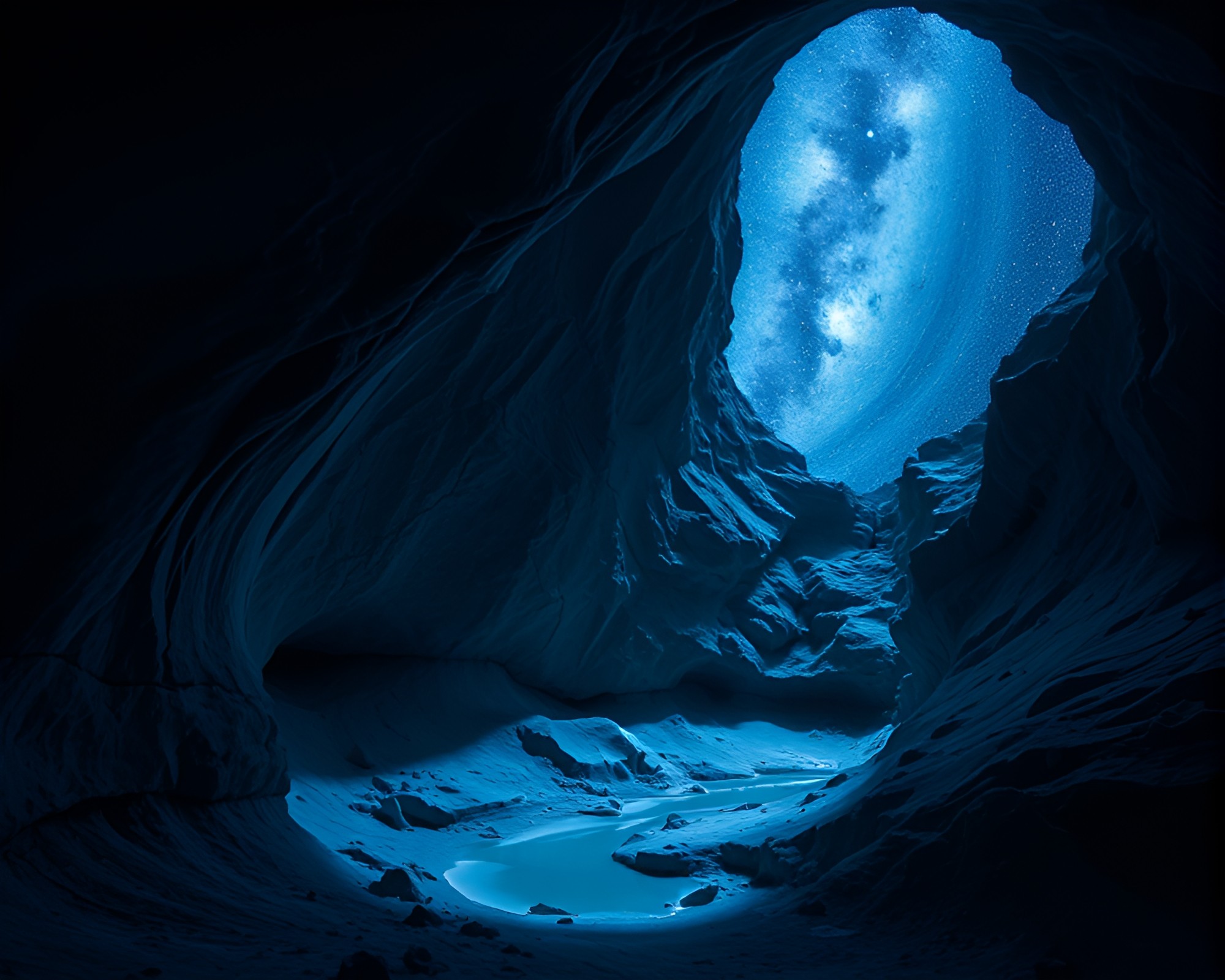 Glacial Cave Shadow Play Under Milky Way Lithography – free AI stock image