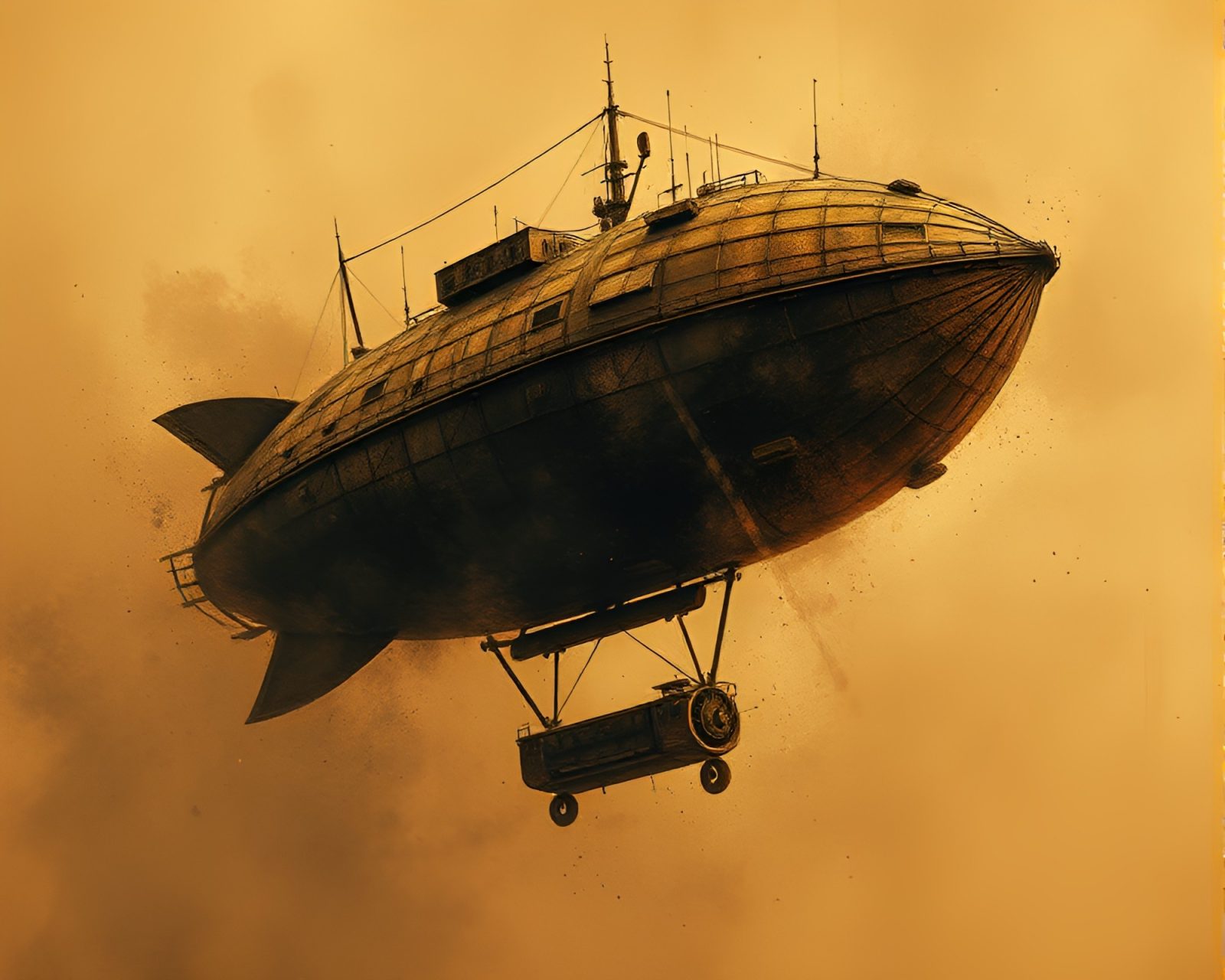 A futuristic steampunk airship soaring over a hazy landscape