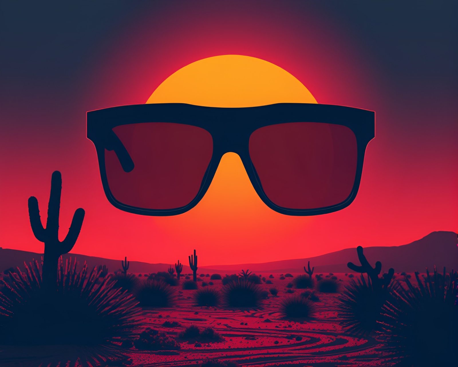 Augmented reality glasses in a desert at sunset with detailed crosshatch shading