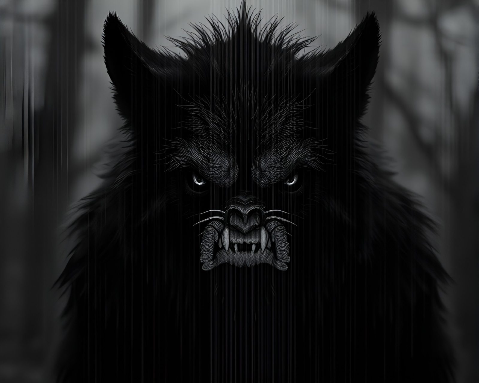 Desaturated gloom image of werewolf engulfed in particles