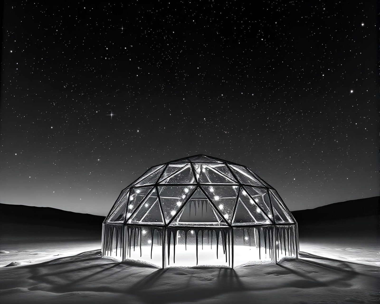 Black and white image of a glass igloo under starlit sky with paint drips