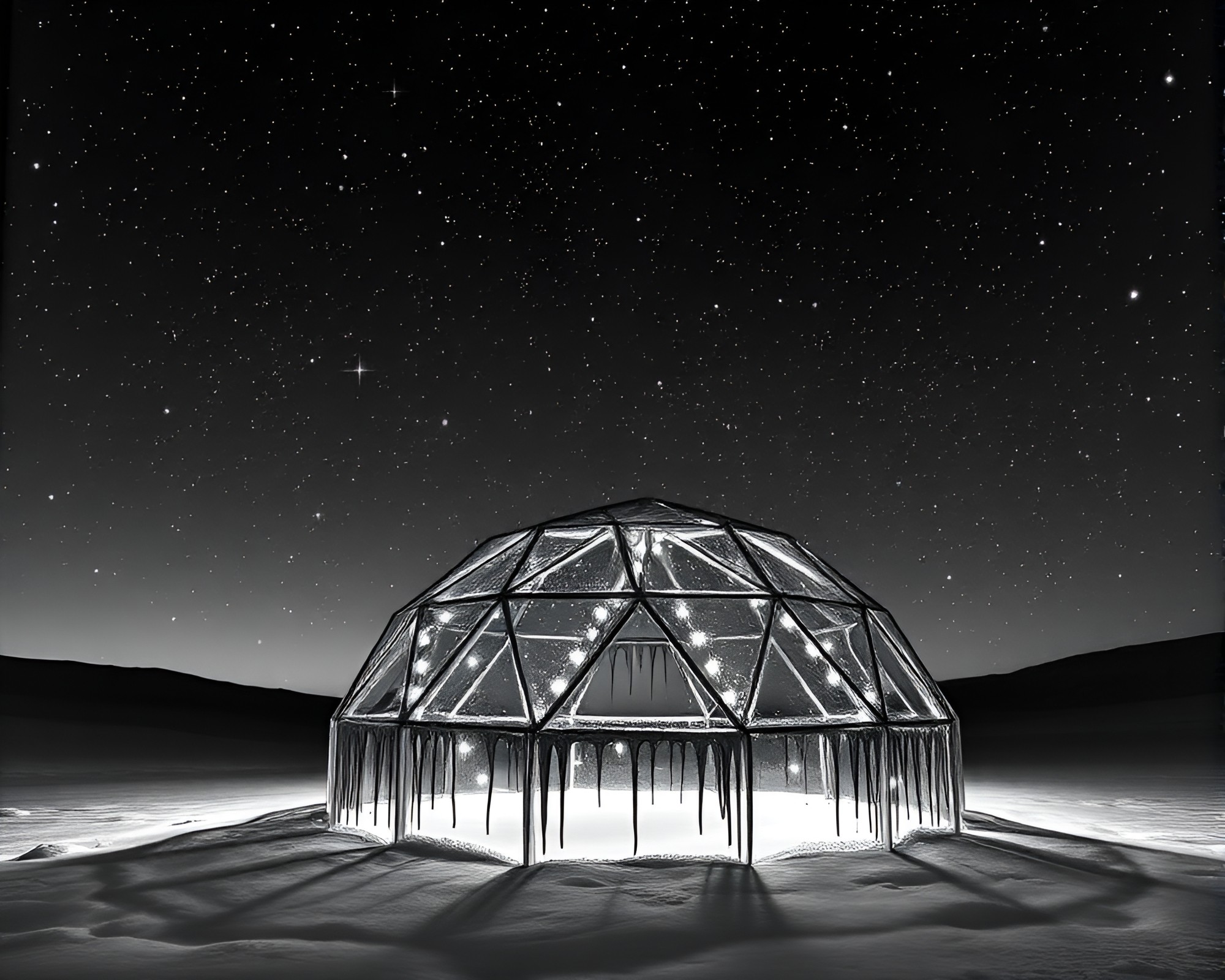 Starlit Glass Igloo with Paint Drip Composition – free AI stock image