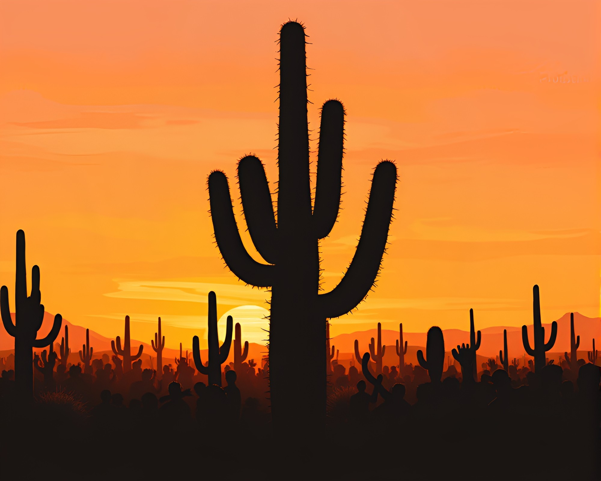Crowd of Silhouetted Cacti in Action-Painted Desert Scene – free AI stock image