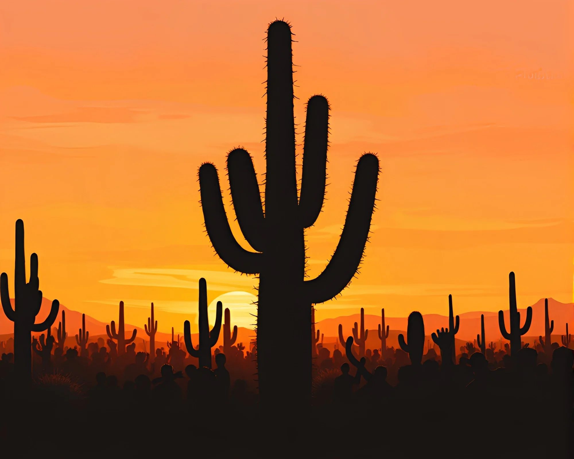 Crowd of Silhouetted Cacti in Action-Painted Desert Scene