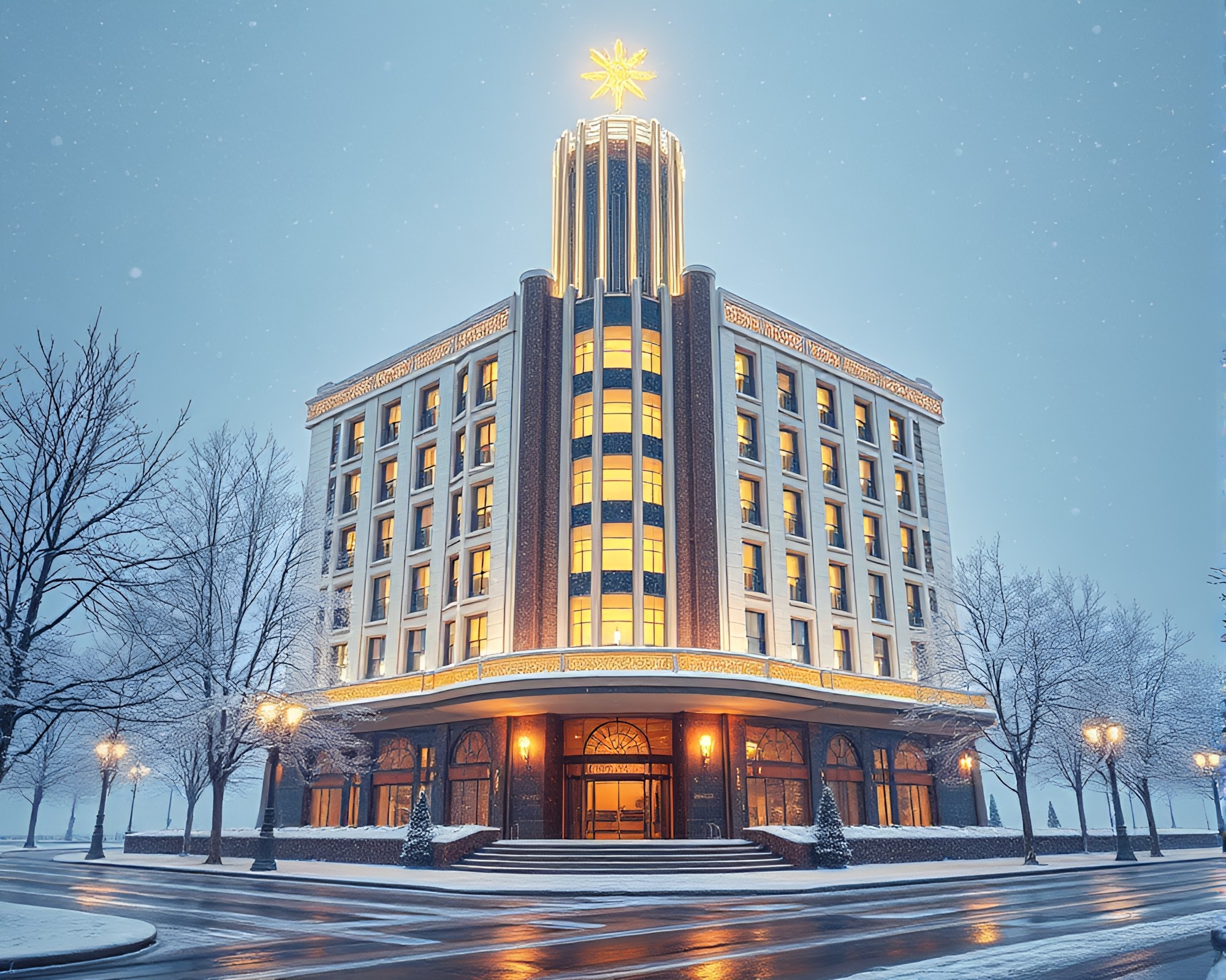 Art Deco Hotel in Snow-Kissed Wireframe – free AI stock image