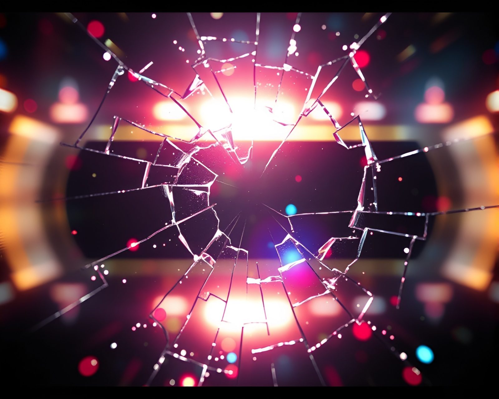 Colorful wormhole generator seen through broken glass in 8-bit art