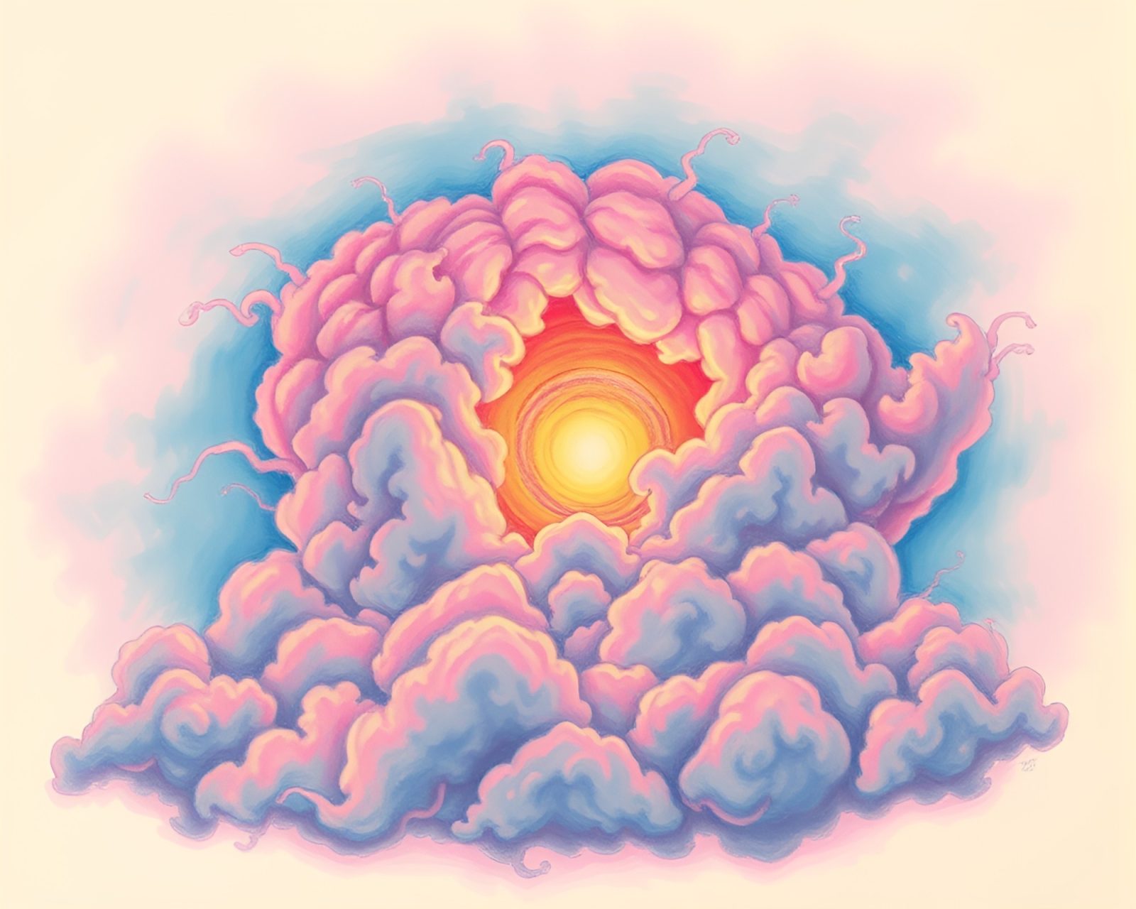Pastel sunrise-pink explosion cloud with psychedelic swirls