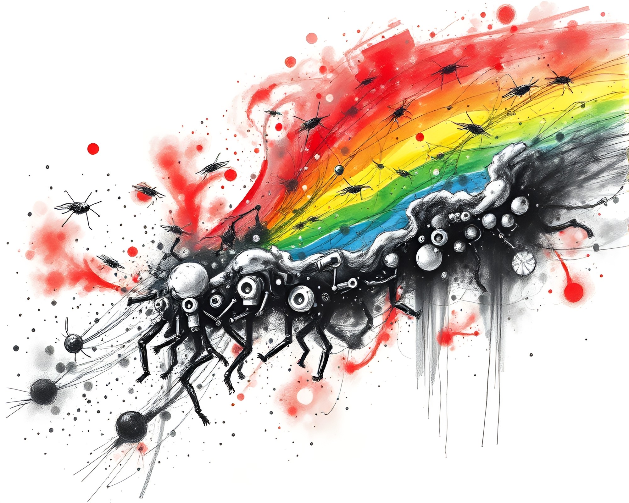 Oil Slick Rainbow Infected by Monochrome Red Nanobot Swarm – free AI stock image