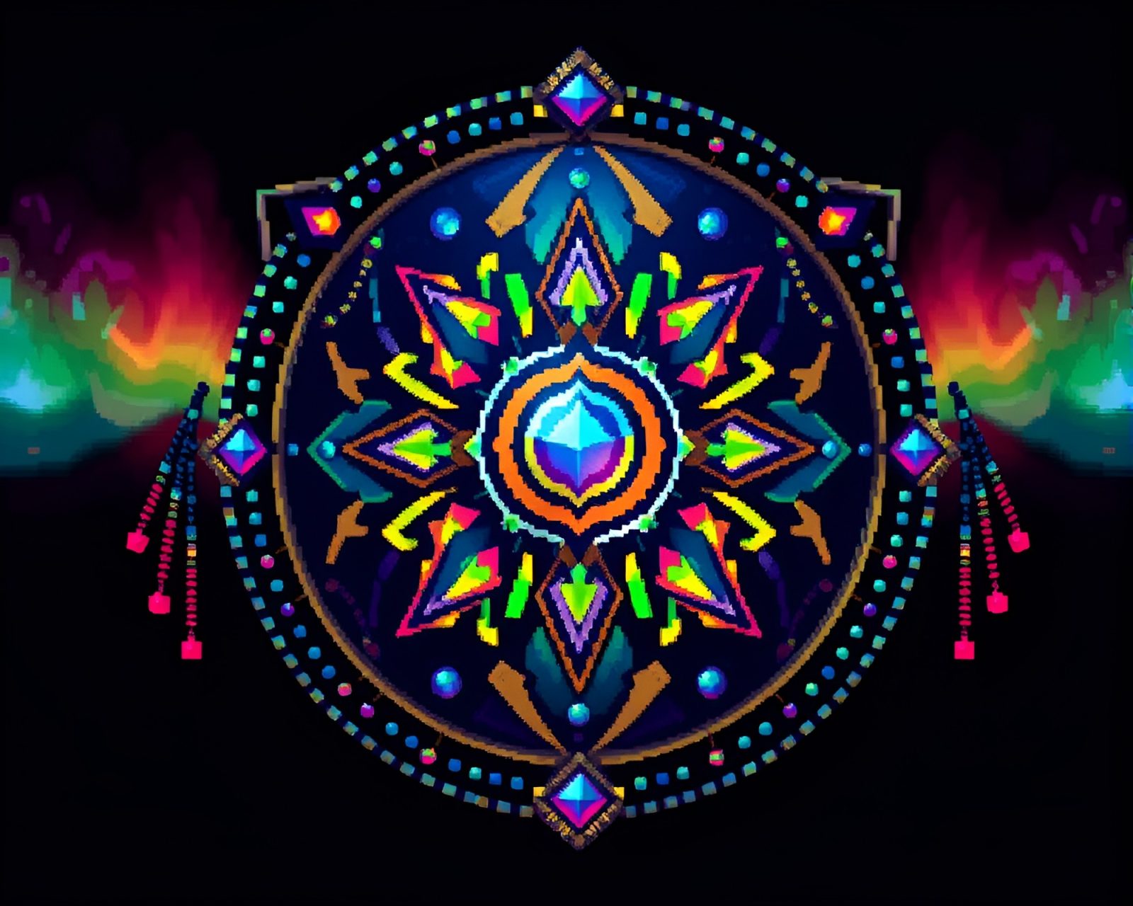 Colorful shield adorned with pixelated beadwork under vibrant aurora lights