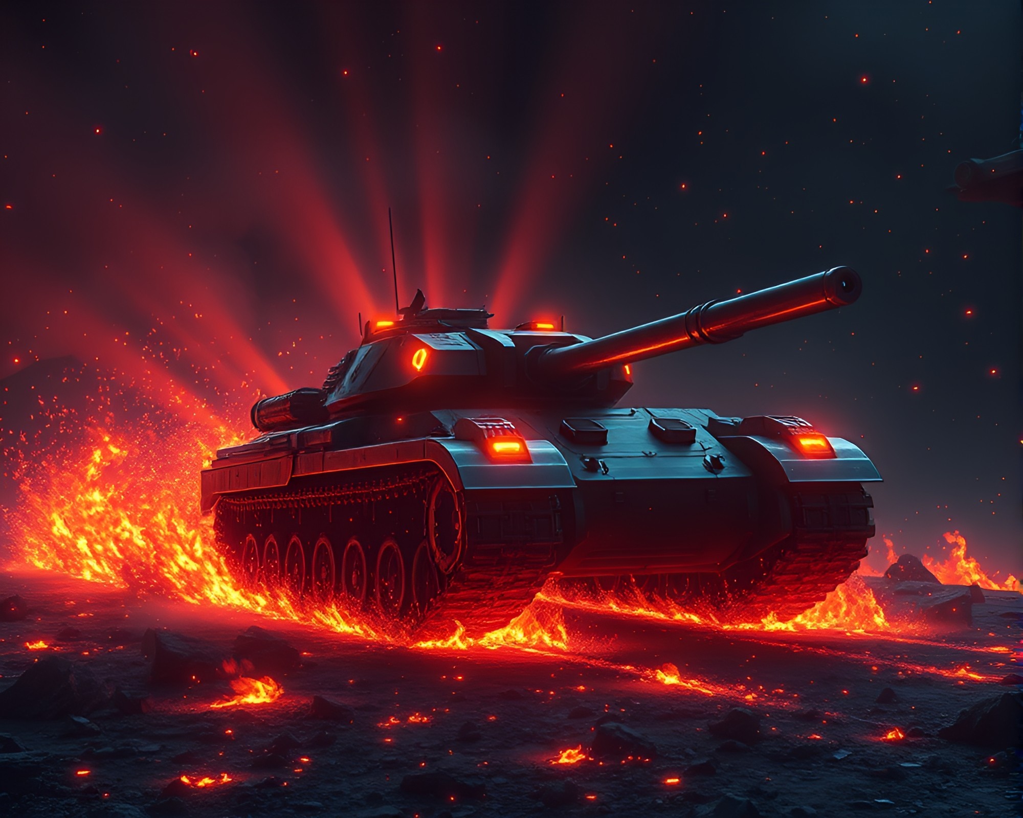 Fantasy Tank Surrounded by Glowing Embers in the Sky – free AI stock image