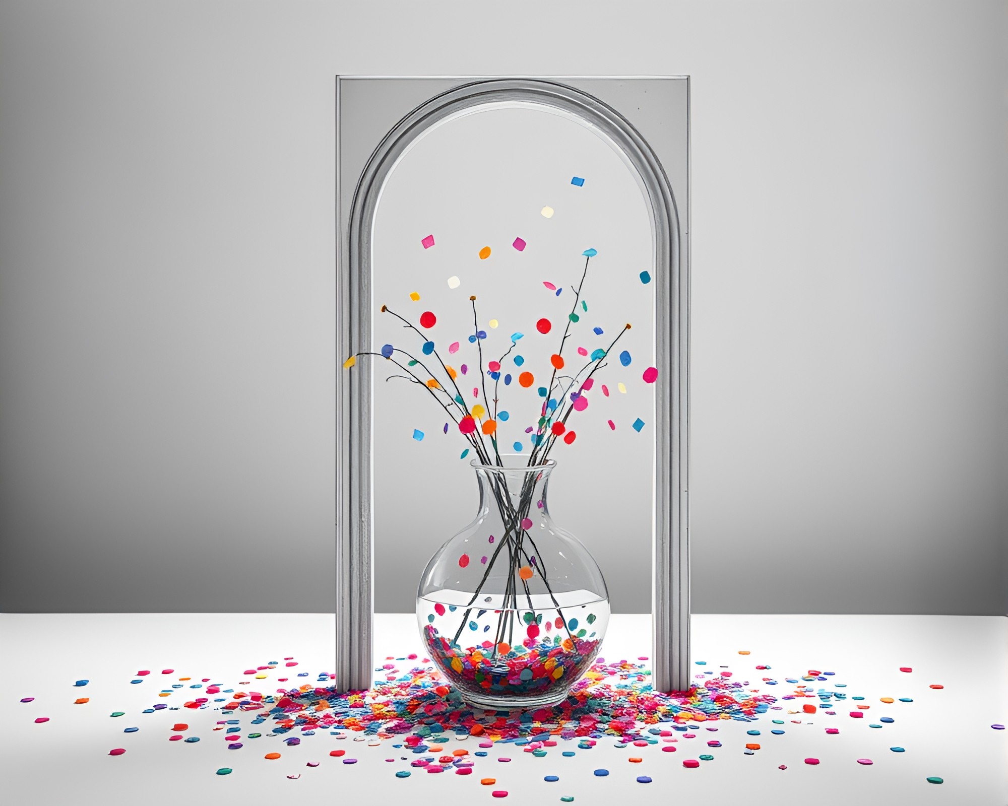 Confetti Color Burst Vase Framed in Duotone Architecture – free AI stock image