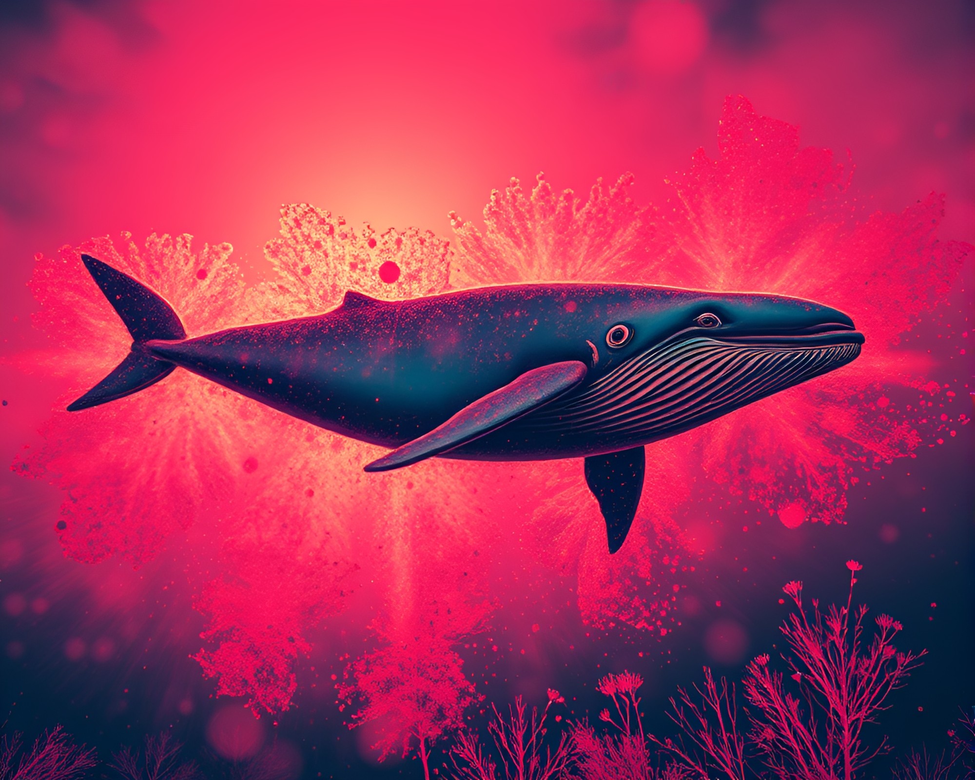 Whale mural juxtaposed with maximalist street art brilliance – free AI stock image