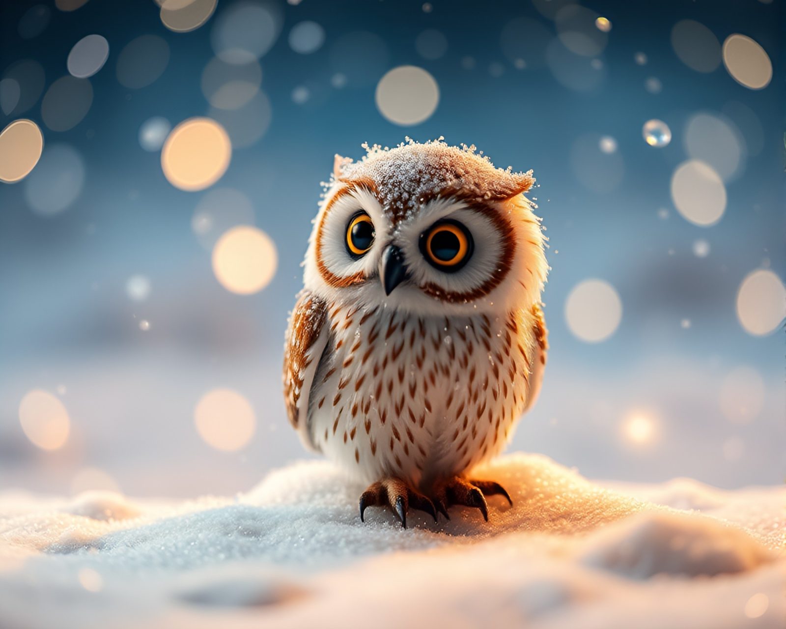 Magical snowy owl amidst sparkling glitter dust reflections