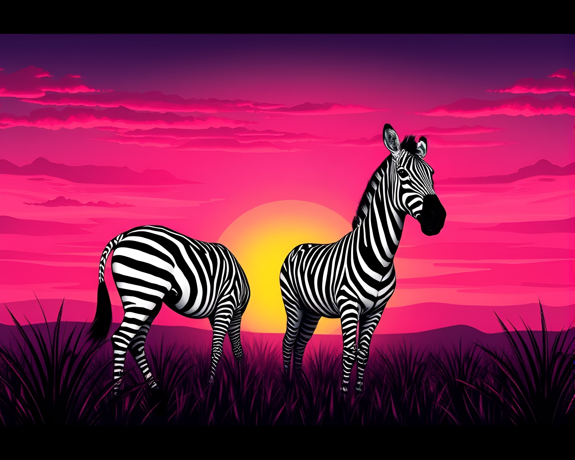 Zebra Sunset Vignette with Tattoo Art Style – free AI stock image