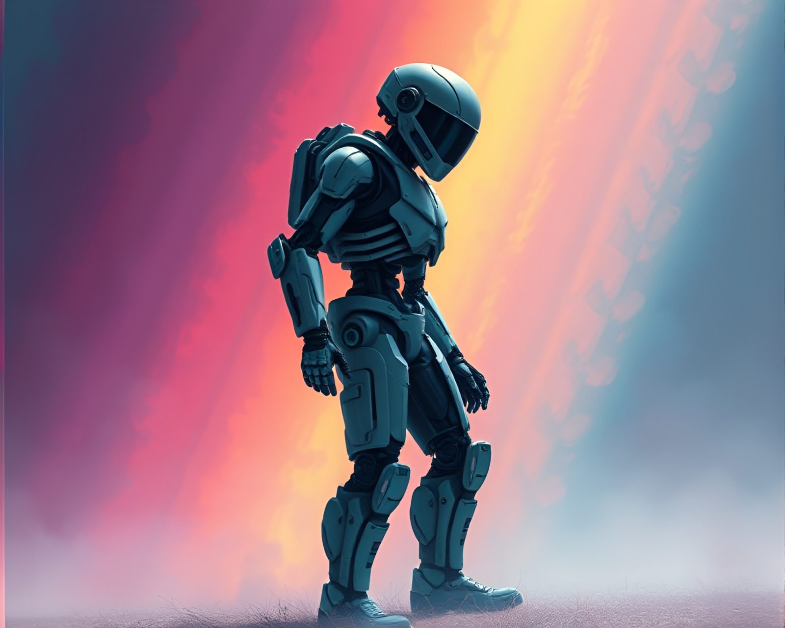 Futuristic exoskeleton suit in otherworldly color field painting