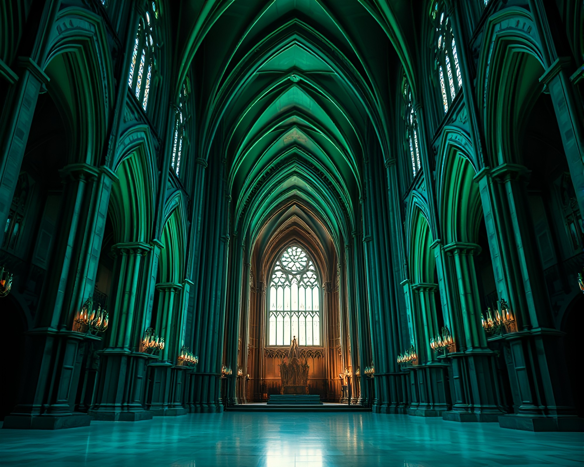 Gothic Cathedral Depth Layering in Turquoise Rim Lighting – free AI stock image
