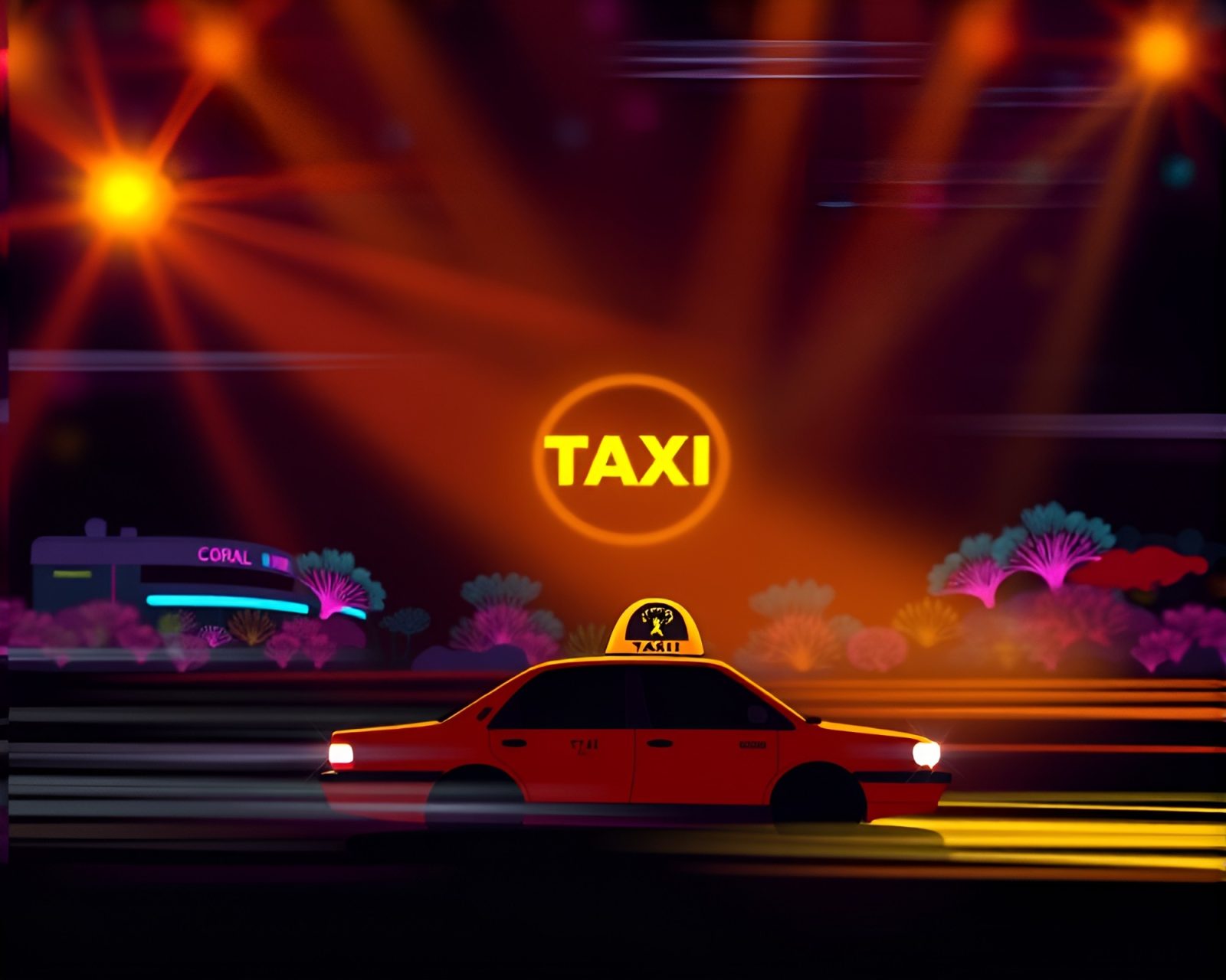 Silhouette of taxi streaking through club with coral reef