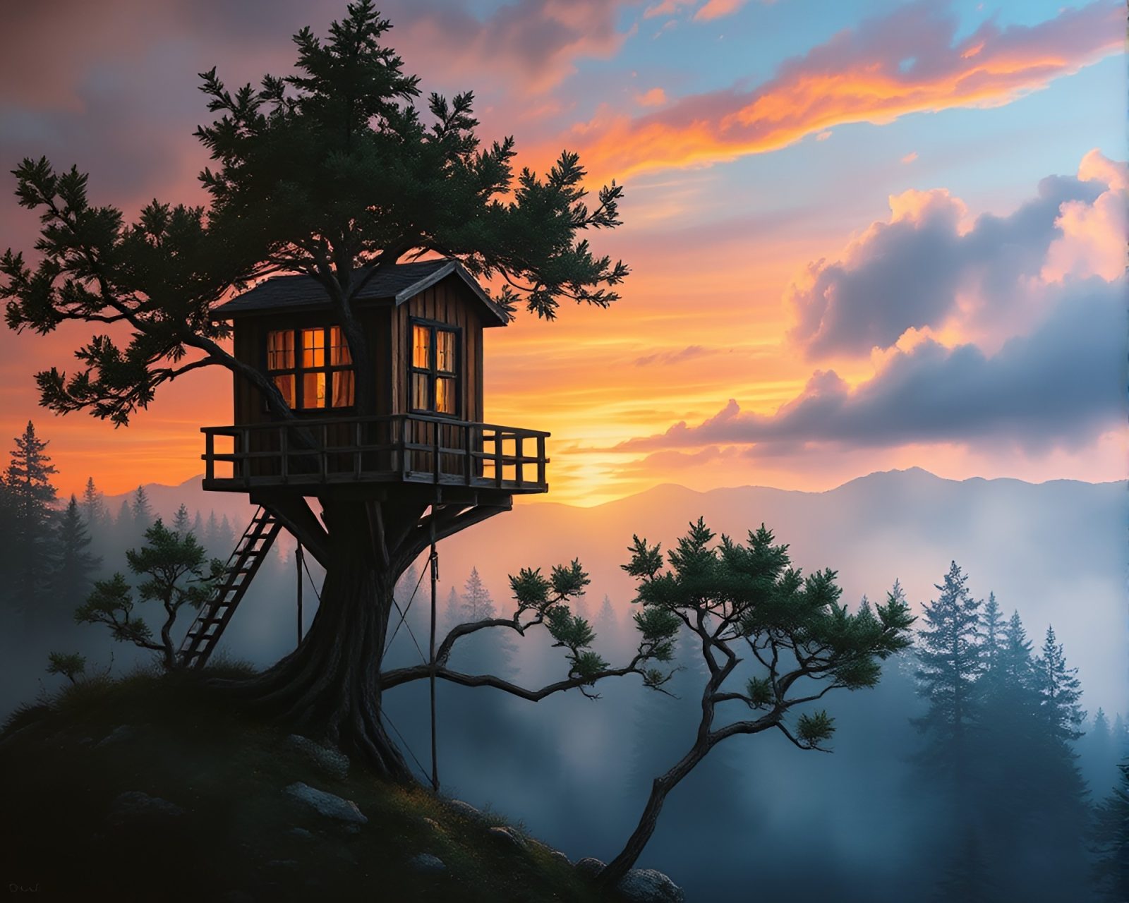 A magical treehouse surrounded by mist at dawn