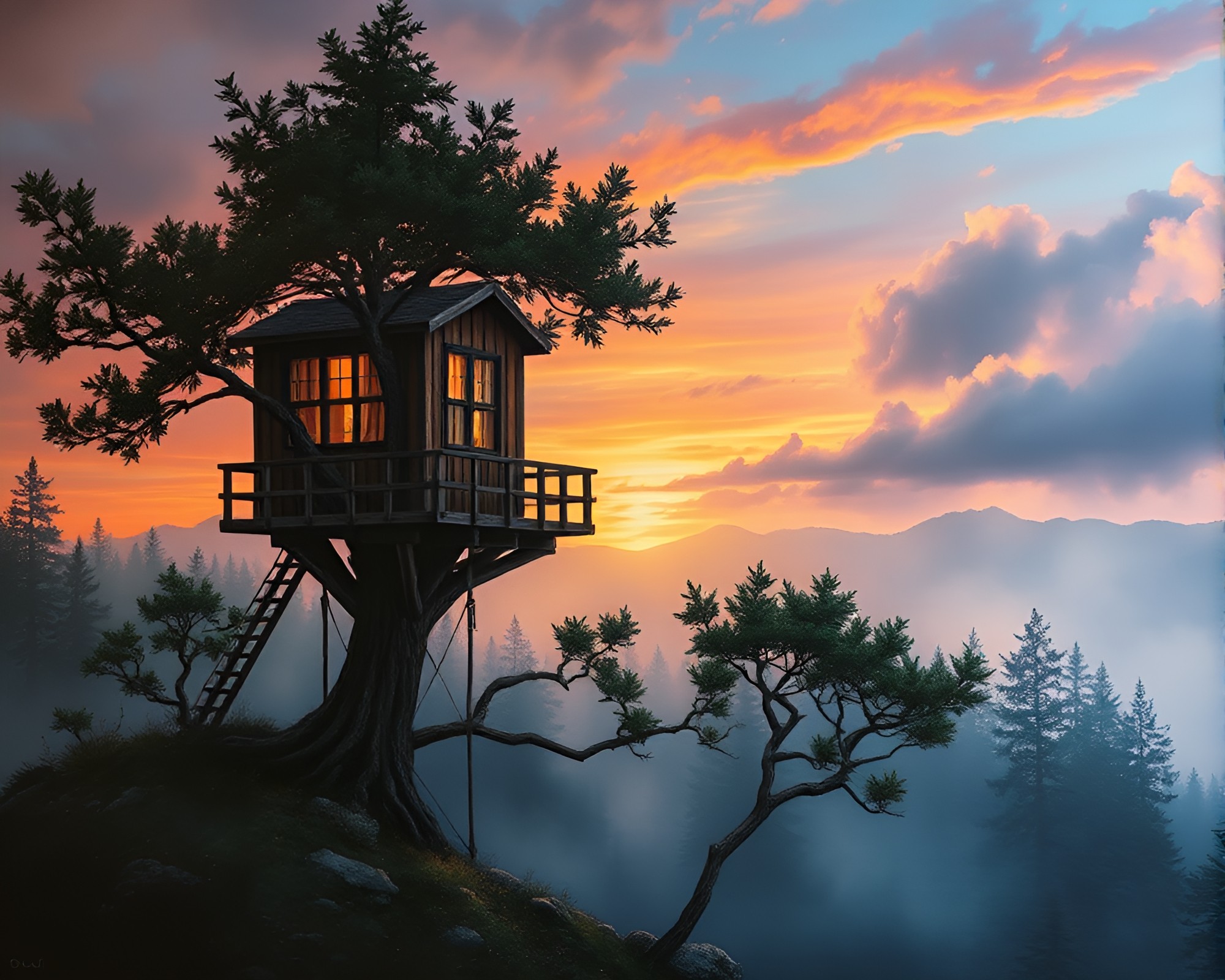 Enchanting Treehouse in Dawn Mist with Mural Painting – free AI stock image