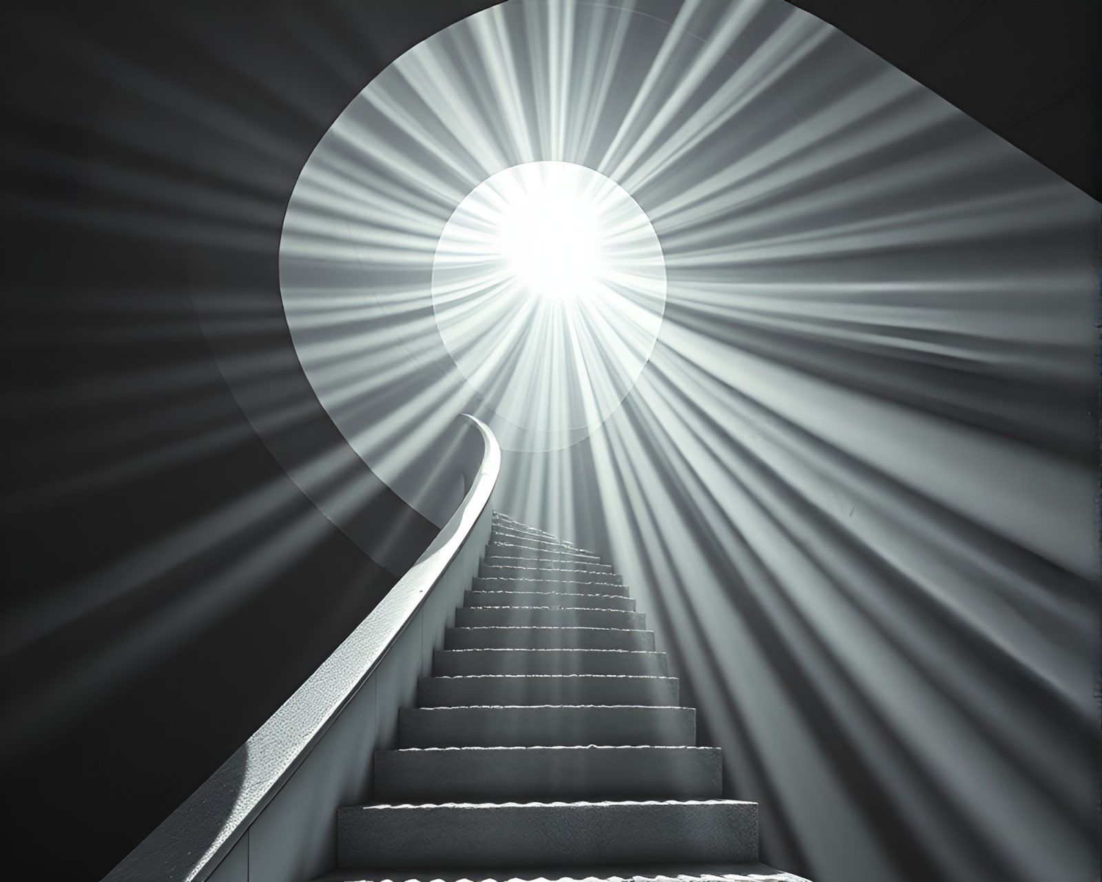 Surreal infrared staircase with zoom burst and sunbeam rays