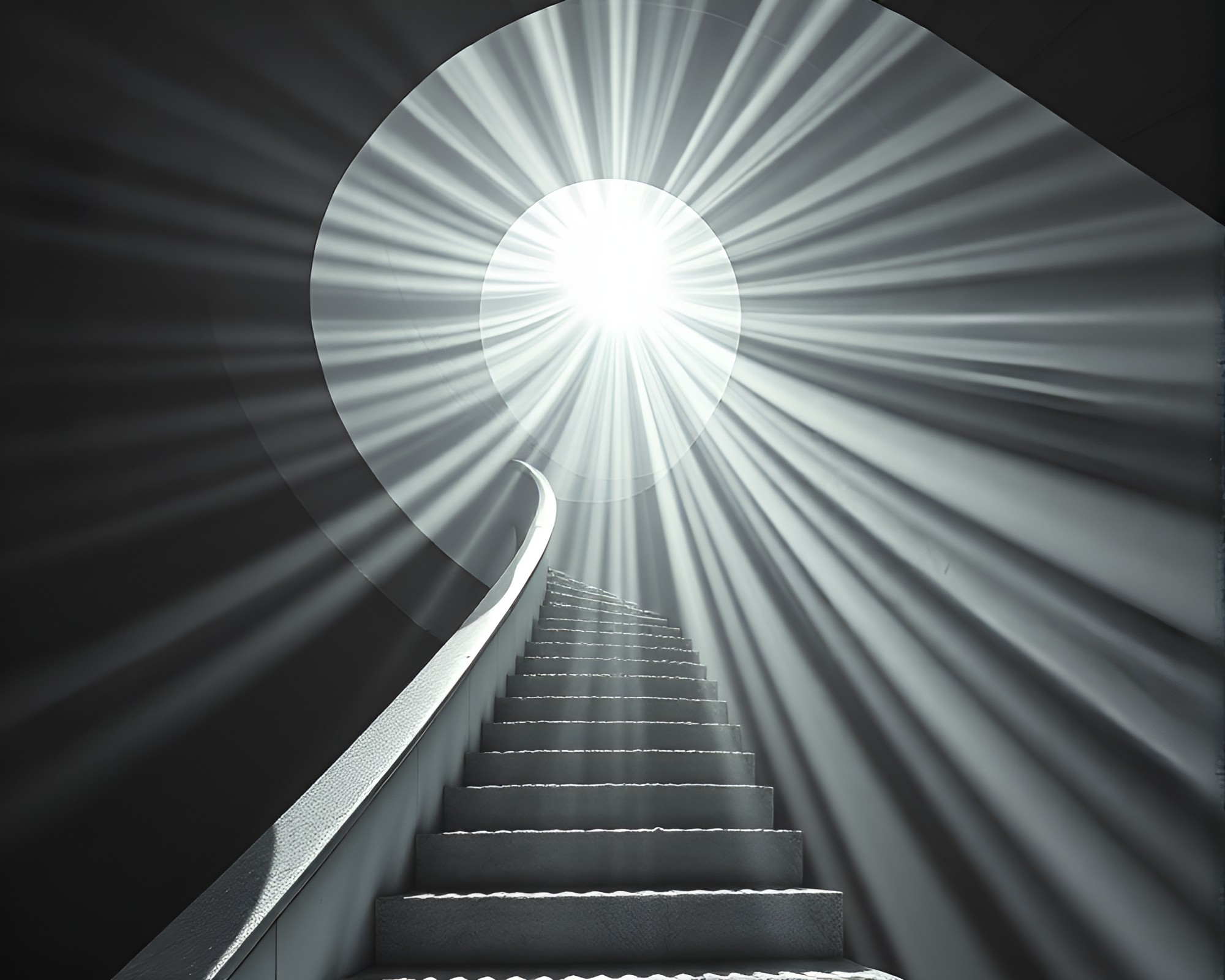 Escher-inspired Zoom Burst: Sunbeam Infrared Staircase – free AI stock image
