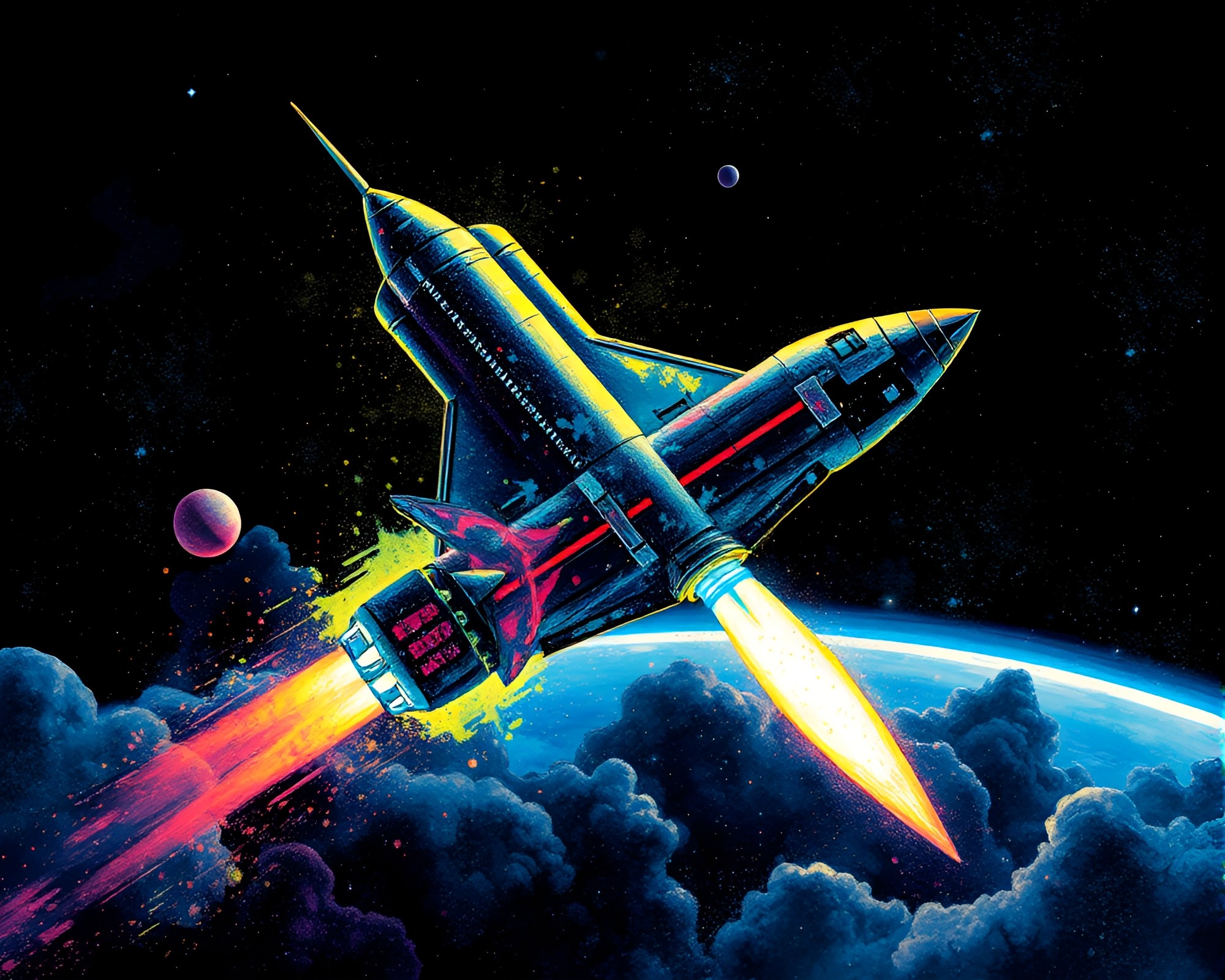 Galactic Shuttle Voyage through Phosphorescent Ink Splashes – free AI stock image