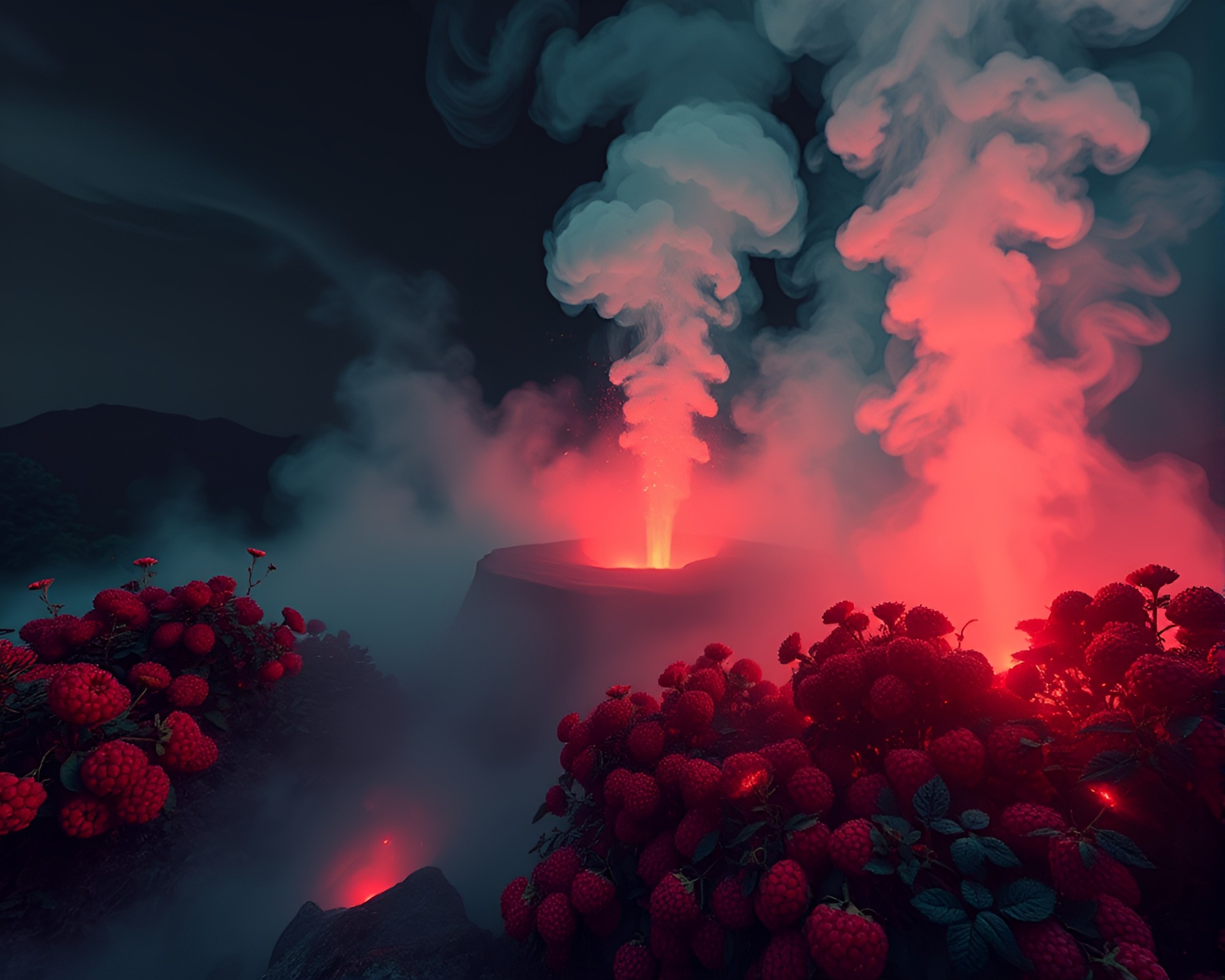 Raspberry Bush Steam Eruption in Jaw-Dropping 3D – free AI stock image