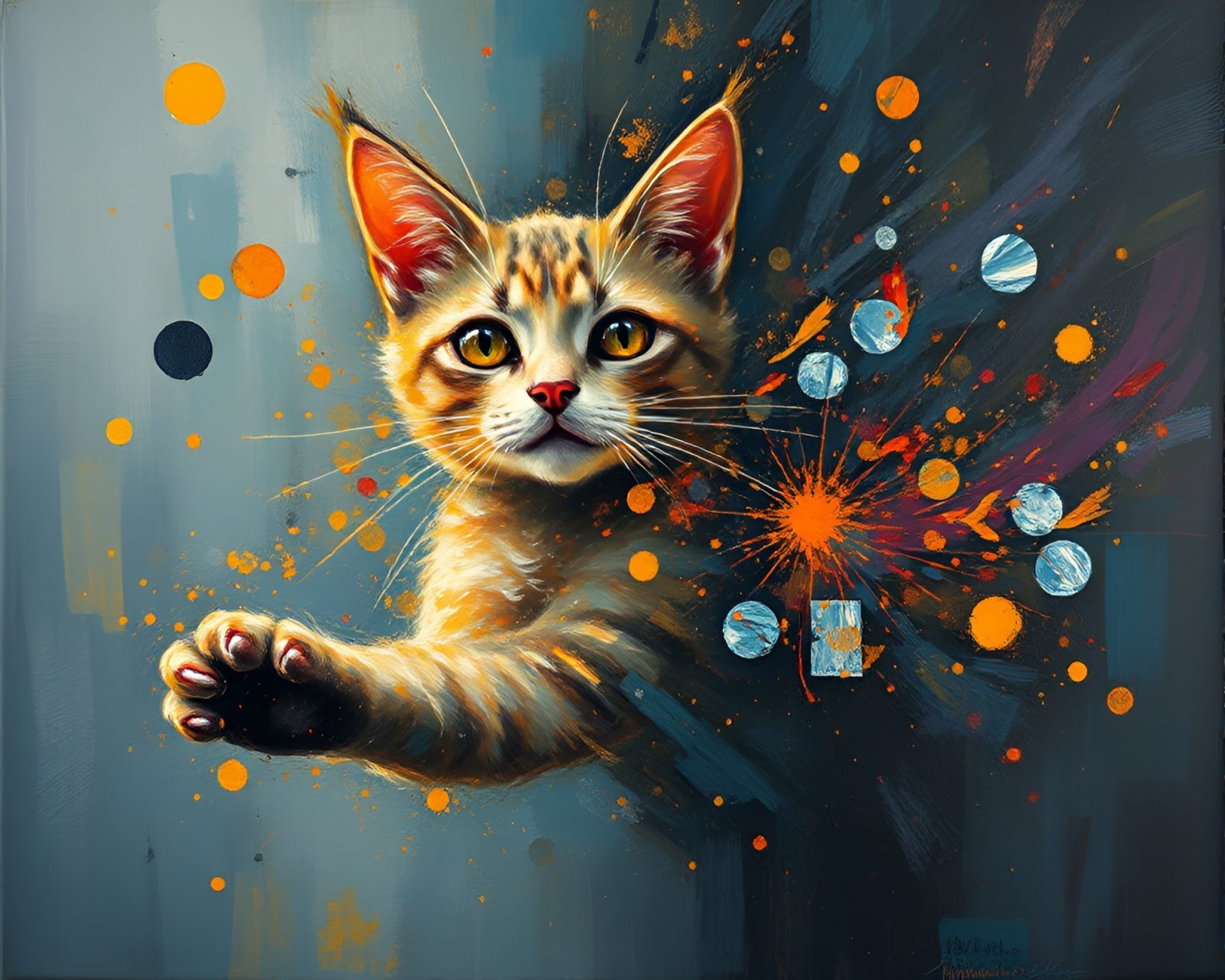 Abstract, dreamlike depiction of Schrodinger's cat surrounded by embers