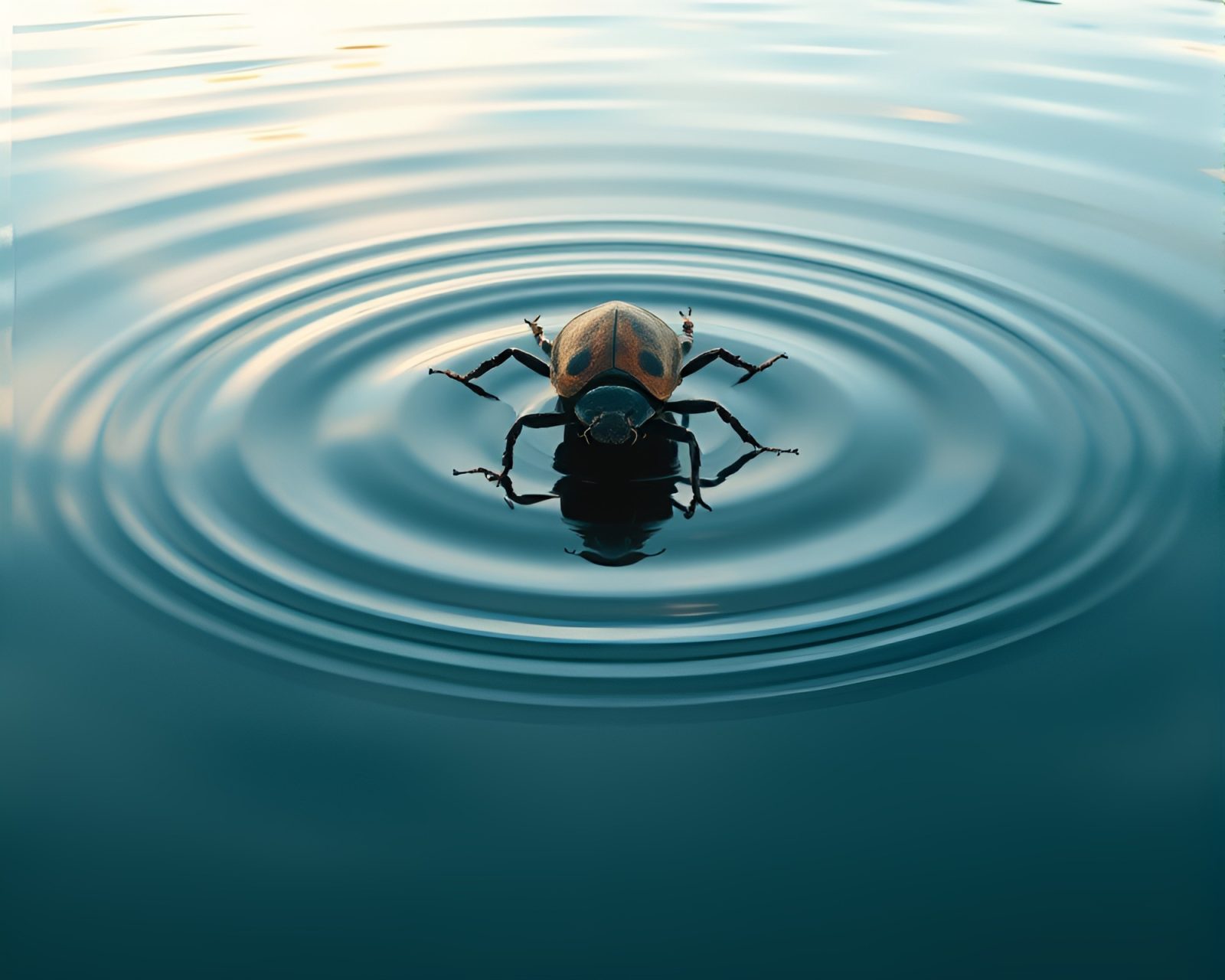 Fantastical beetle reflecting in rippling water, CGI style