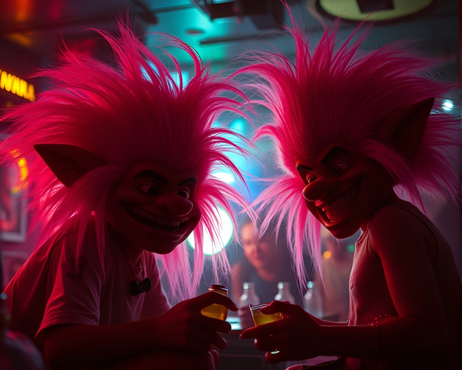 Neon-lit troll in retro-future setting under colorful strobe lights
