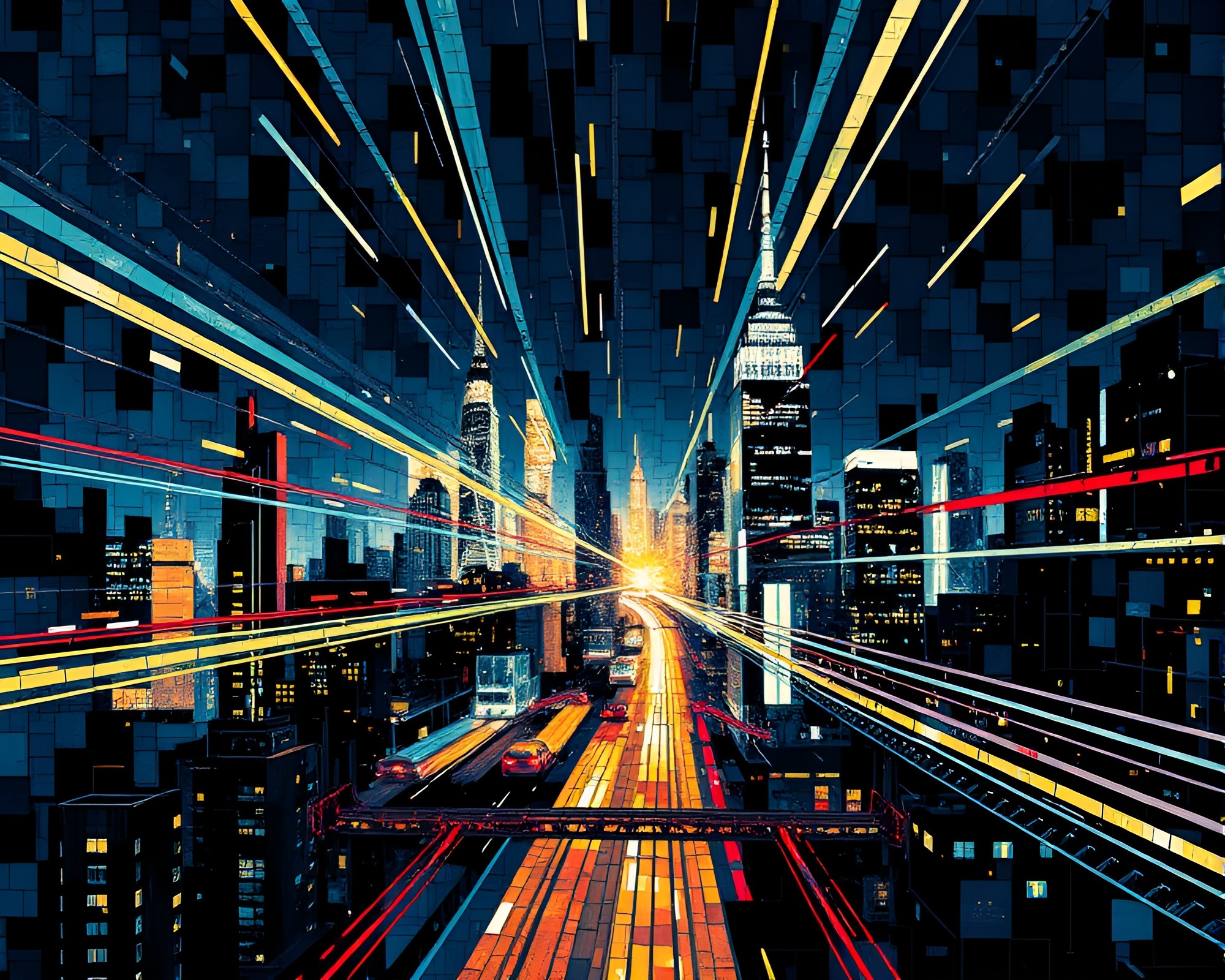 Fragmented Mosaic of Futuristic Stencil City – free AI stock image