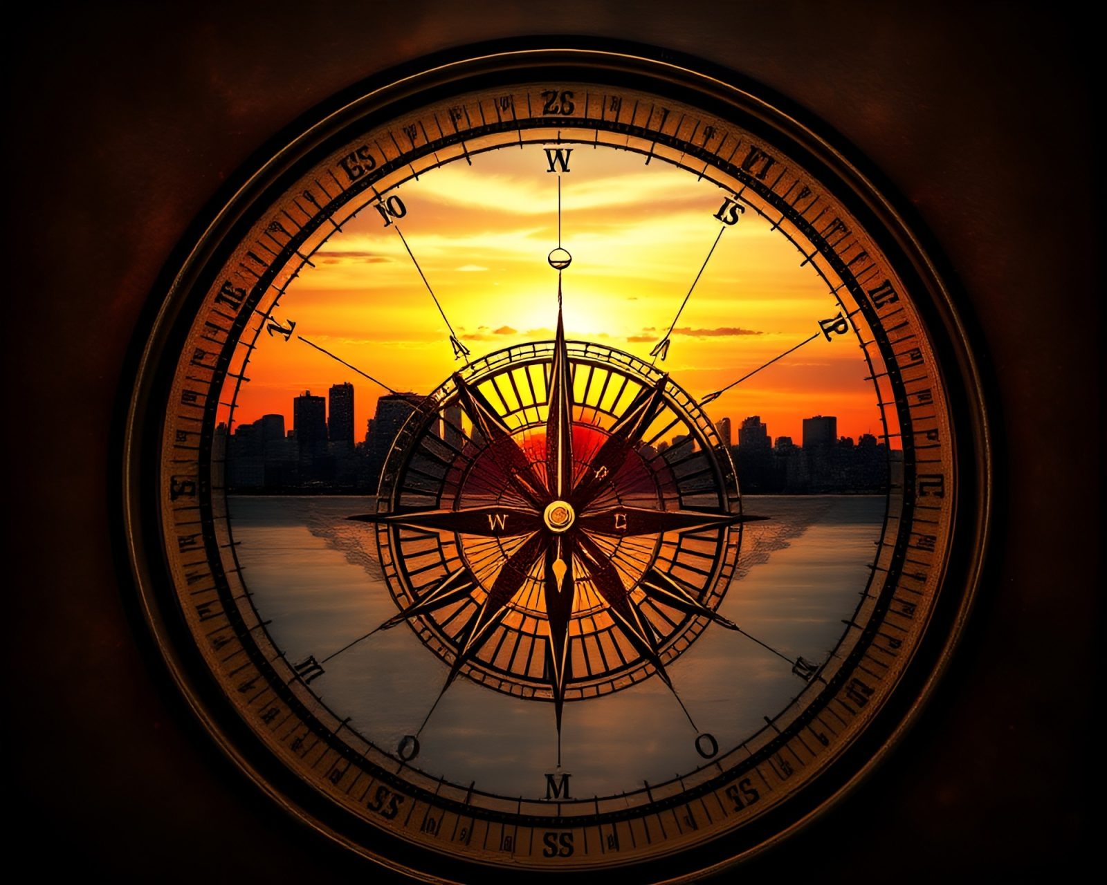 Trompe-l'oeil antique compass blending into fractal cityscape at dusk