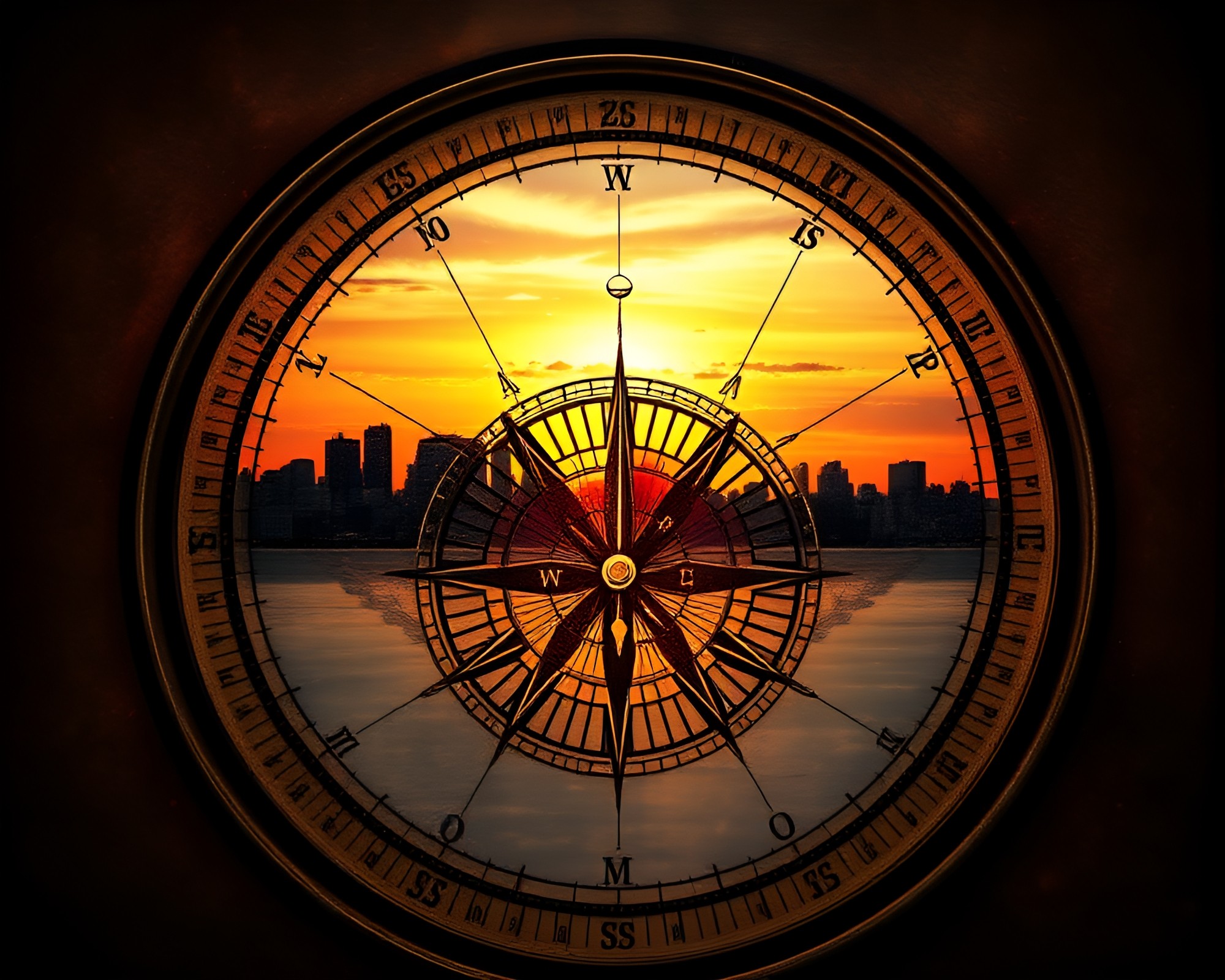 Fractal Compass Overlapping Skyline at Sunset – free AI stock image