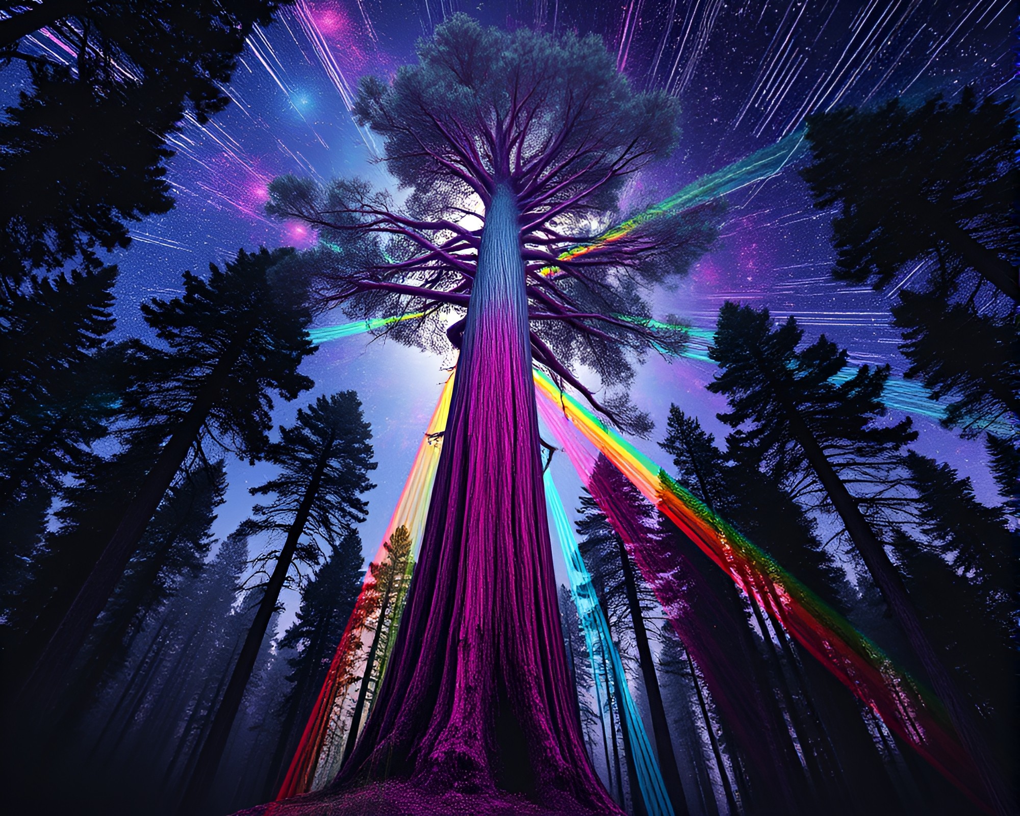 Stereograph Redwood Universe with Cosmic Rainbow Etching – free AI stock image
