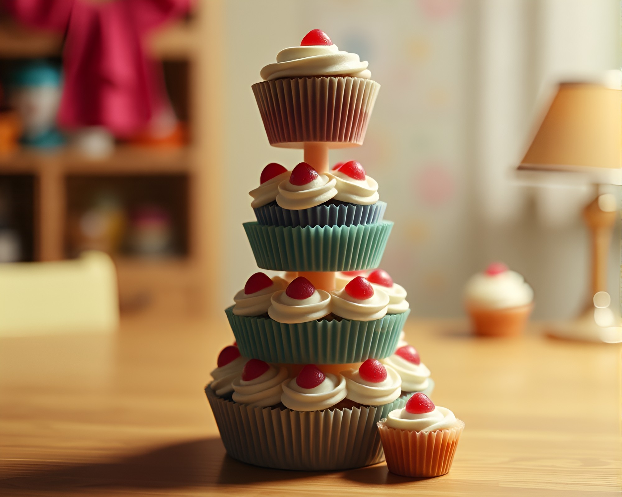 Whimsical Cupcake Tower in Stop-Motion Animation Still – free AI stock image