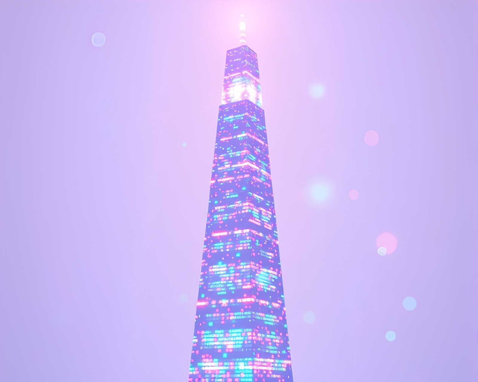 A futuristic tower surrounded by hologram specks illuminated in cross-processed colors