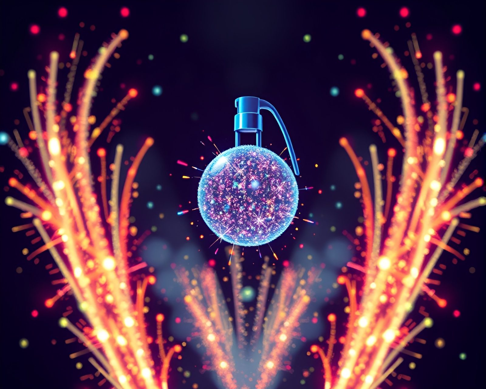 Colorful bursts of antimatter fireworks against a 16-bit disco backdrop