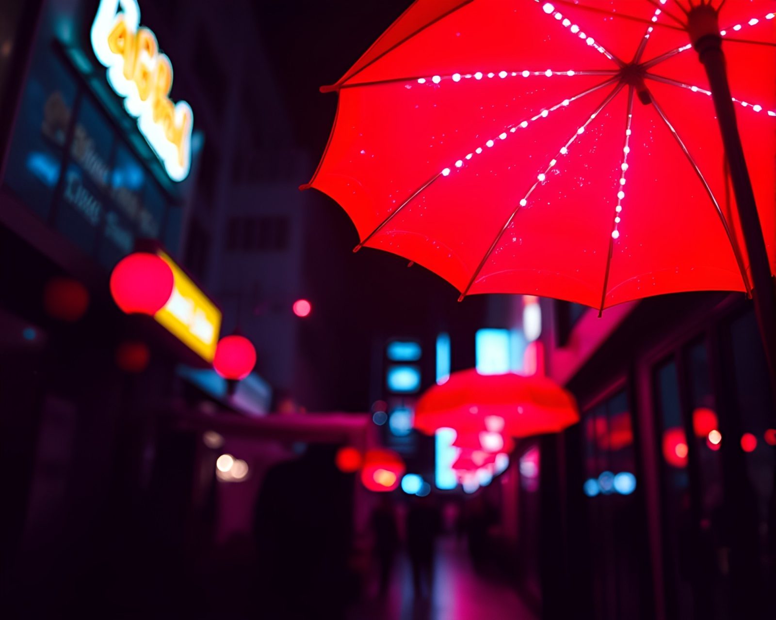 Telephoto shot of neon umbrella glowing in red light