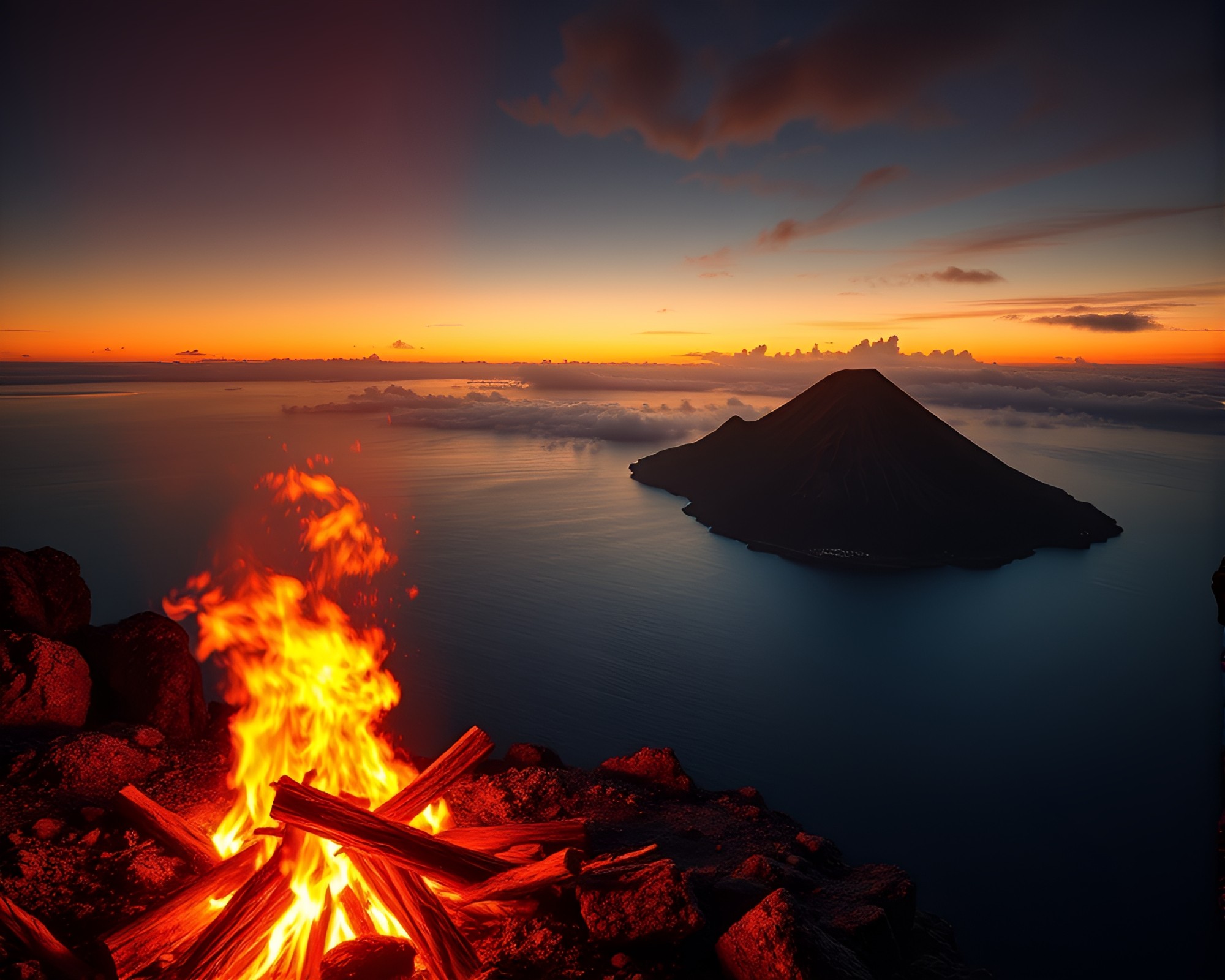 Panoramic Volcanic Island Bonfire Blueprint View – free AI stock image