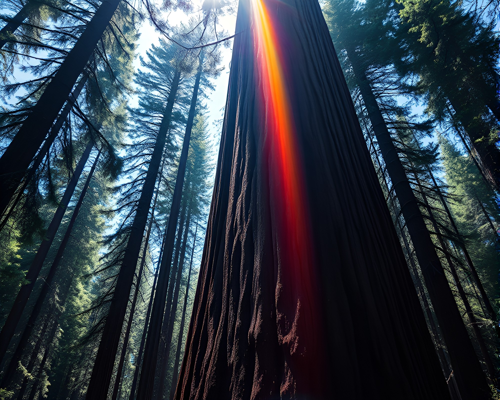 Rainbow Refraction in Hyper-Saturated Redwood Noir – free AI stock image