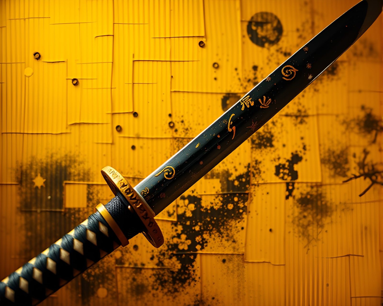 Samurai wielding sword in grainy mustard yellow haze