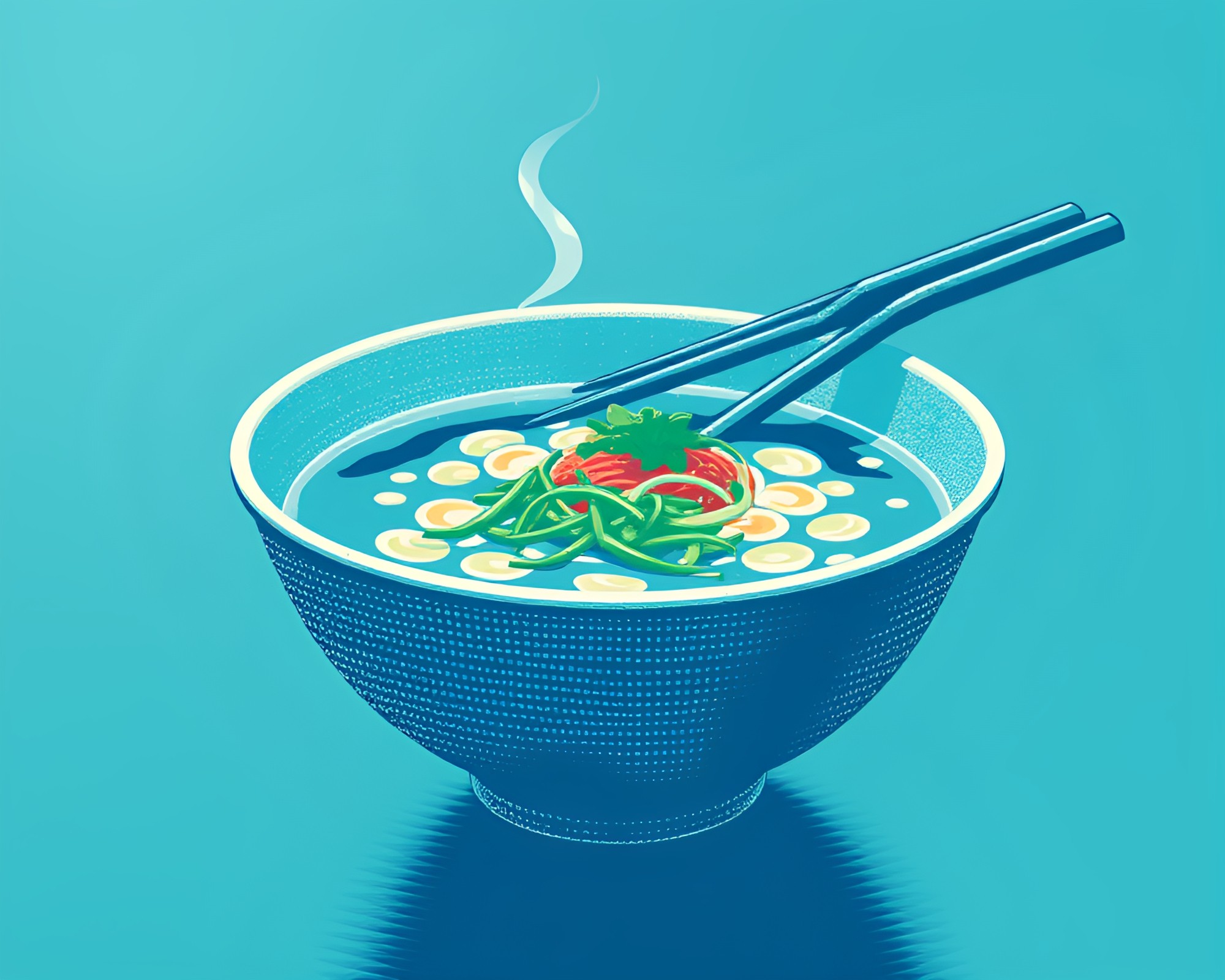 Ocean-Blue Ramen Bowl in Vector Halftone Style – free AI stock image
