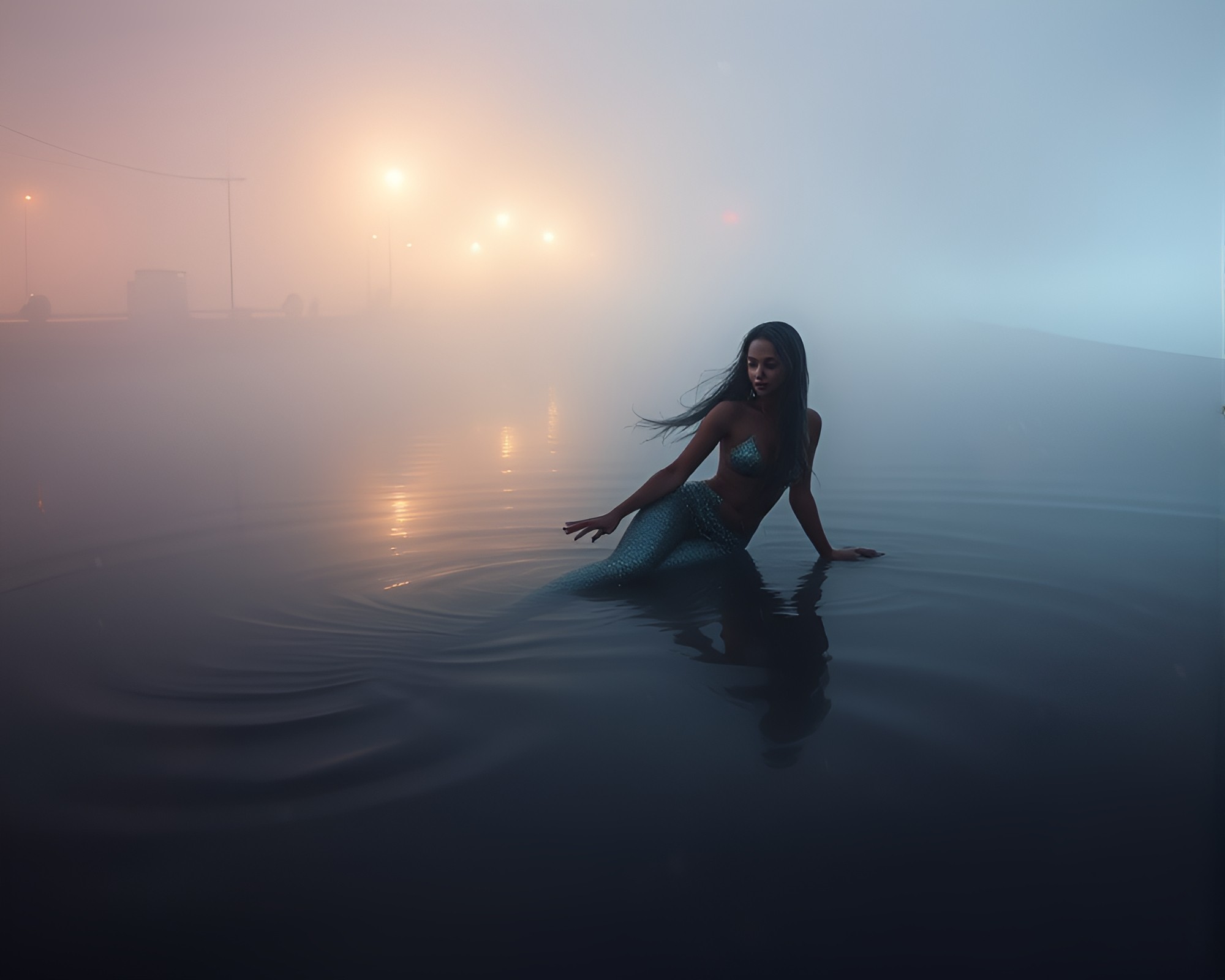 Enchanting Mermaid in Misty Rainy Reflections – free AI stock image
