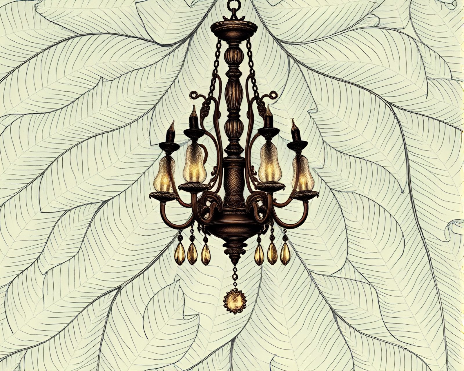 Intricate leaf vein patterns and antique chandelier blending in colorful etched scenery