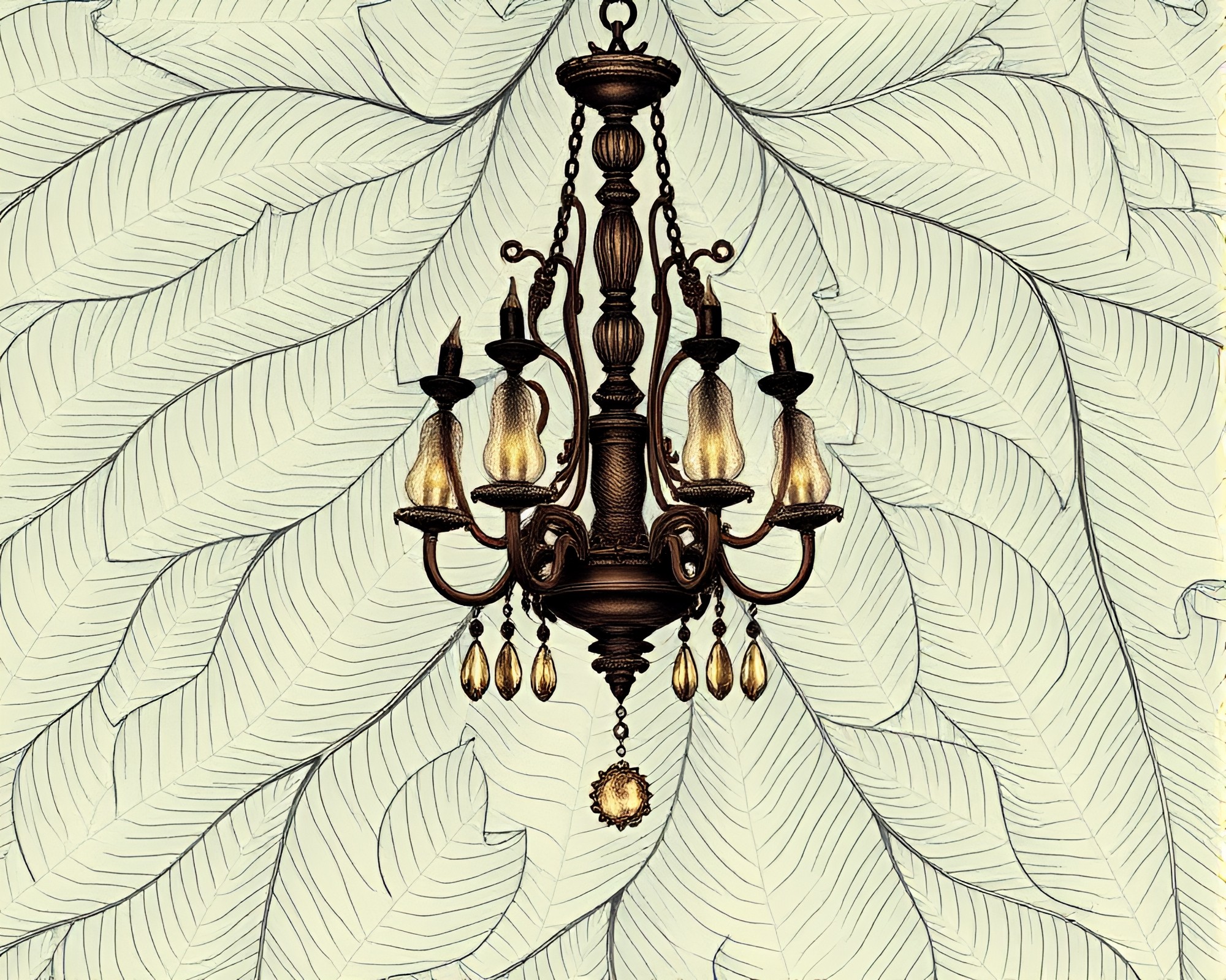 Victorian Chandelier Illuminated by Analogous Colored Landscape Etching – free AI stock image